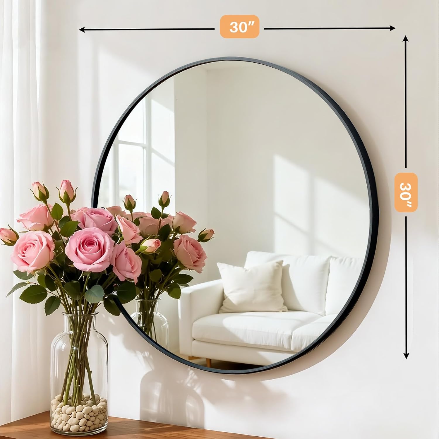Bathroom Mirror for Wall, 30 Inch Round Mirror, Matte Black Metal Framed Circle Vanity Mirror for Bathroom Bedroom Living Room Entryway, Anti-Rust, Tempered Glass, Hanging or Leaning