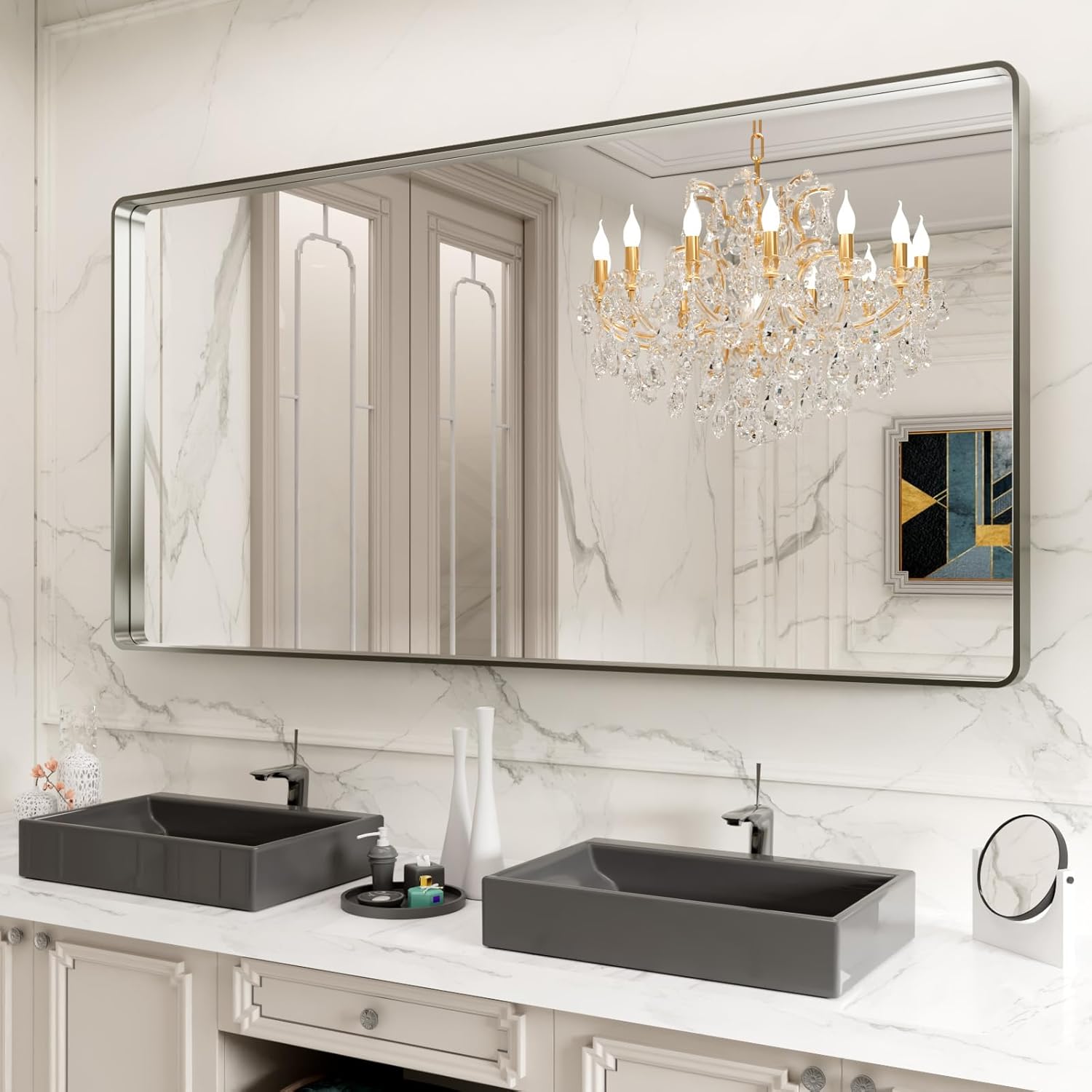 LOAAO 24”X36” Gold Bathroom Mirror, Rounded Rectangle Gold Frame Mirror, Brushed Gold Bathroom Vanity Mirror Wall-Mounted, Anti-Rust, Hangs Horizontally or Vertically