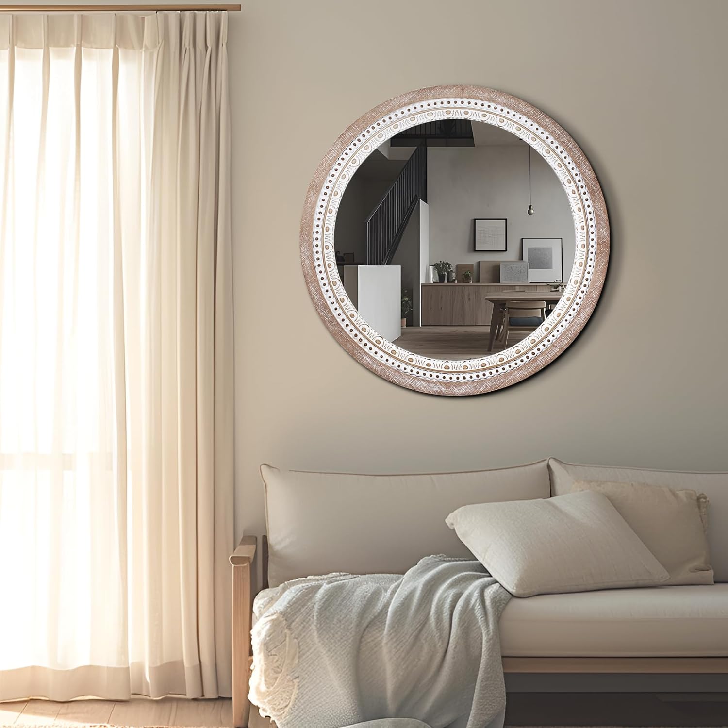 24 Inch Wooden Round Mirror for Wall Decor, Farmhouse Rustic Decorative Circle Mirrors with Beaded Frame, for Bedroom, Bathroom, Living Room, Entryway - Housewarming Gift