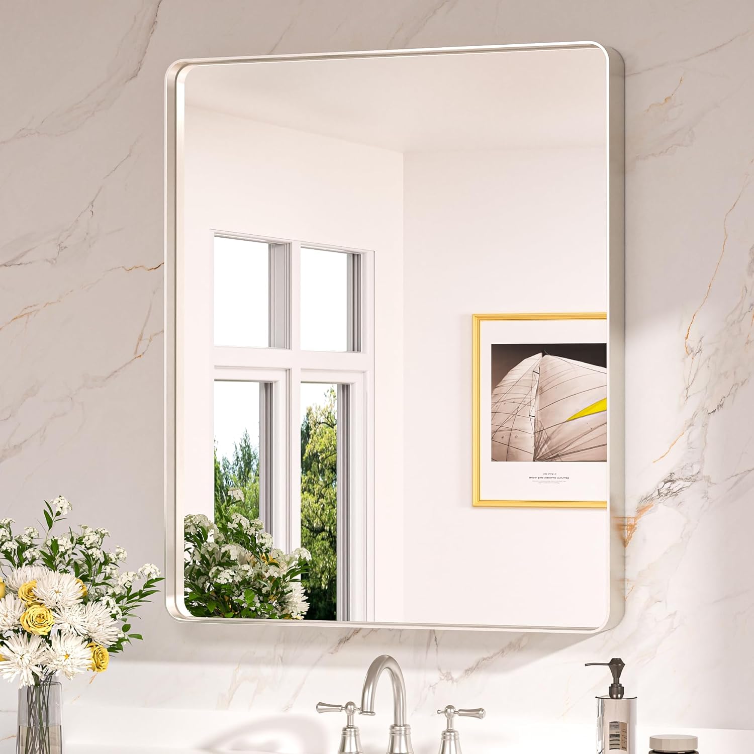 Keonjinn 20 x 30 Inch Brushed Nickel Bathroom Mirrors for Over Sink, Rounded Rectangle Silver Bathroom Vanity Mirror, Farmhouse Mirror for Wall, HD Tempered Glass, Anti-Rust Aluminum Alloy Mirror