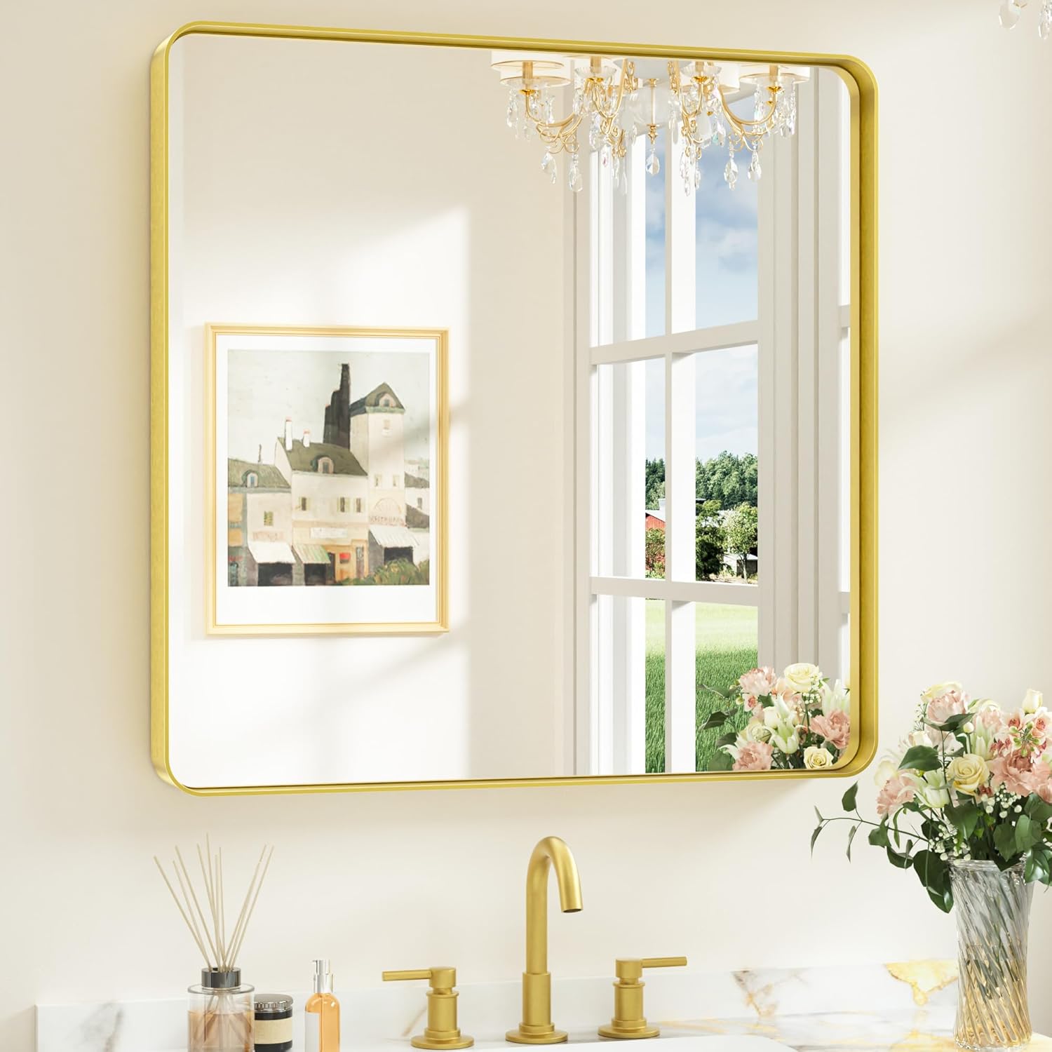 Keonjinn 20 x 30 Inch Brushed Nickel Bathroom Mirrors for Over Sink, Rounded Rectangle Silver Bathroom Vanity Mirror, Farmhouse Mirror for Wall, HD Tempered Glass, Anti-Rust Aluminum Alloy Mirror