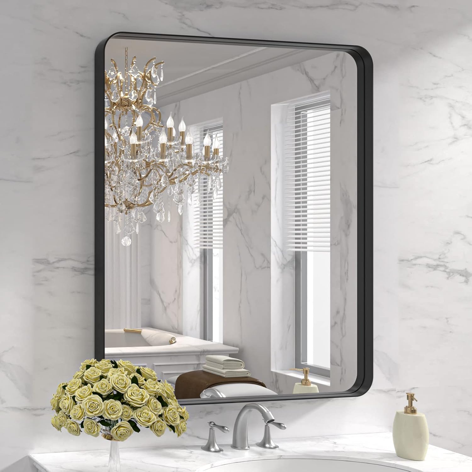 LOAAO 24”X36” Gold Bathroom Mirror, Rounded Rectangle Gold Frame Mirror, Brushed Gold Bathroom Vanity Mirror Wall-Mounted, Anti-Rust, Hangs Horizontally or Vertically