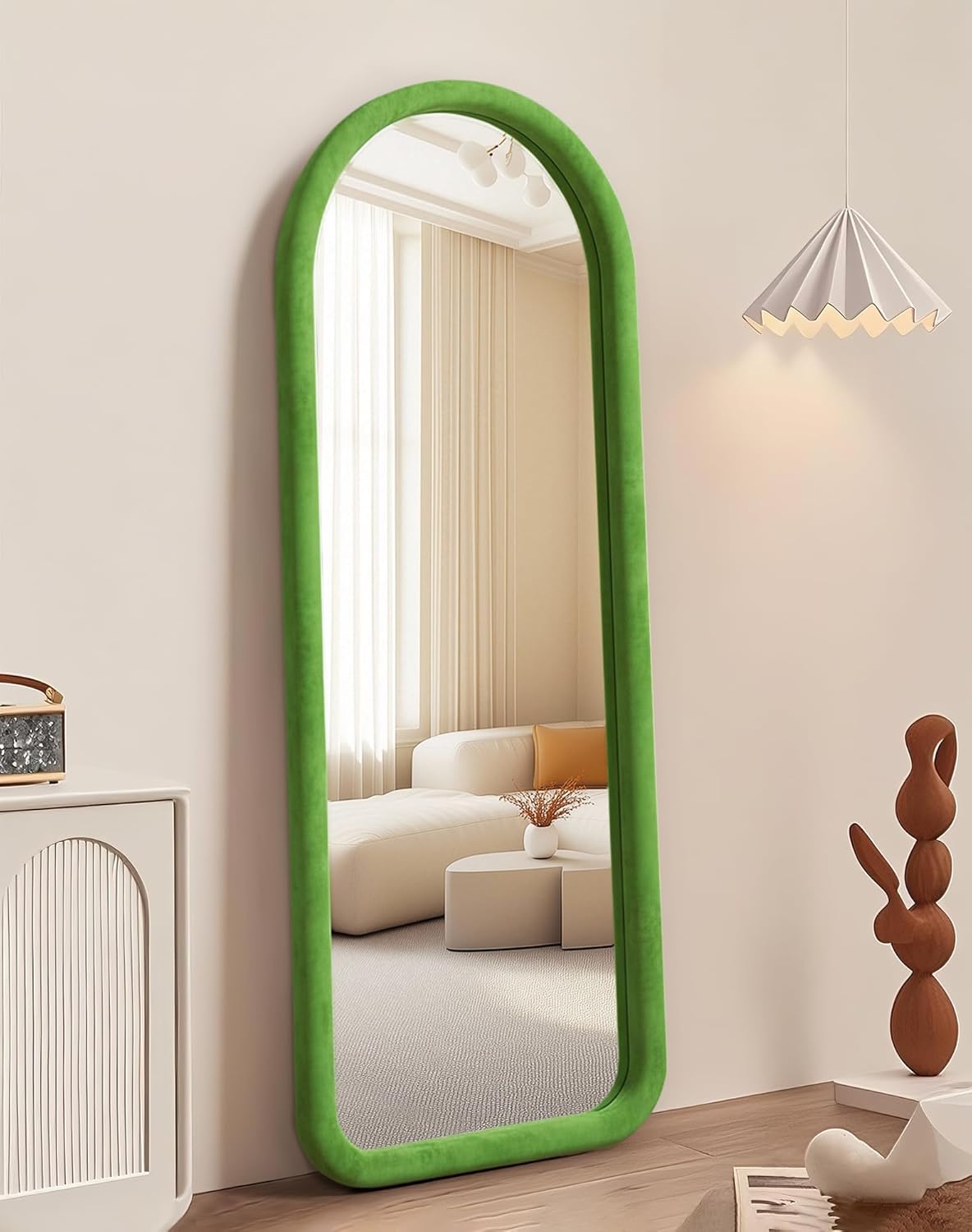 Delma Arched Full Length Mirror, Free Standing Floor Velvet Finish Frame Mirror for Leaning or Hanging, Soft Touch Bedroom & Living Room Decor, Brown