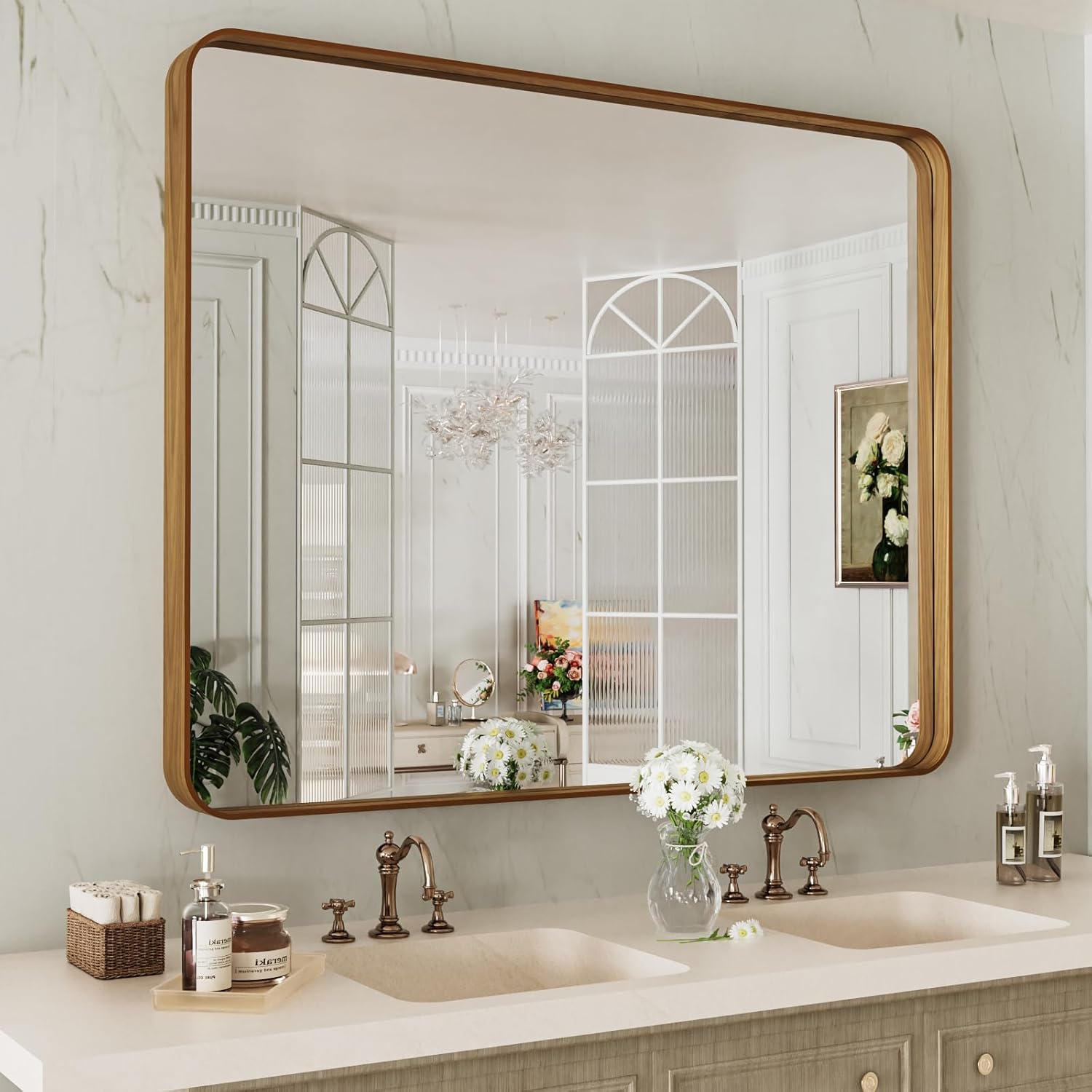 LOAAO 24”X36” Gold Bathroom Mirror, Rounded Rectangle Gold Frame Mirror, Brushed Gold Bathroom Vanity Mirror Wall-Mounted, Anti-Rust, Hangs Horizontally or Vertically