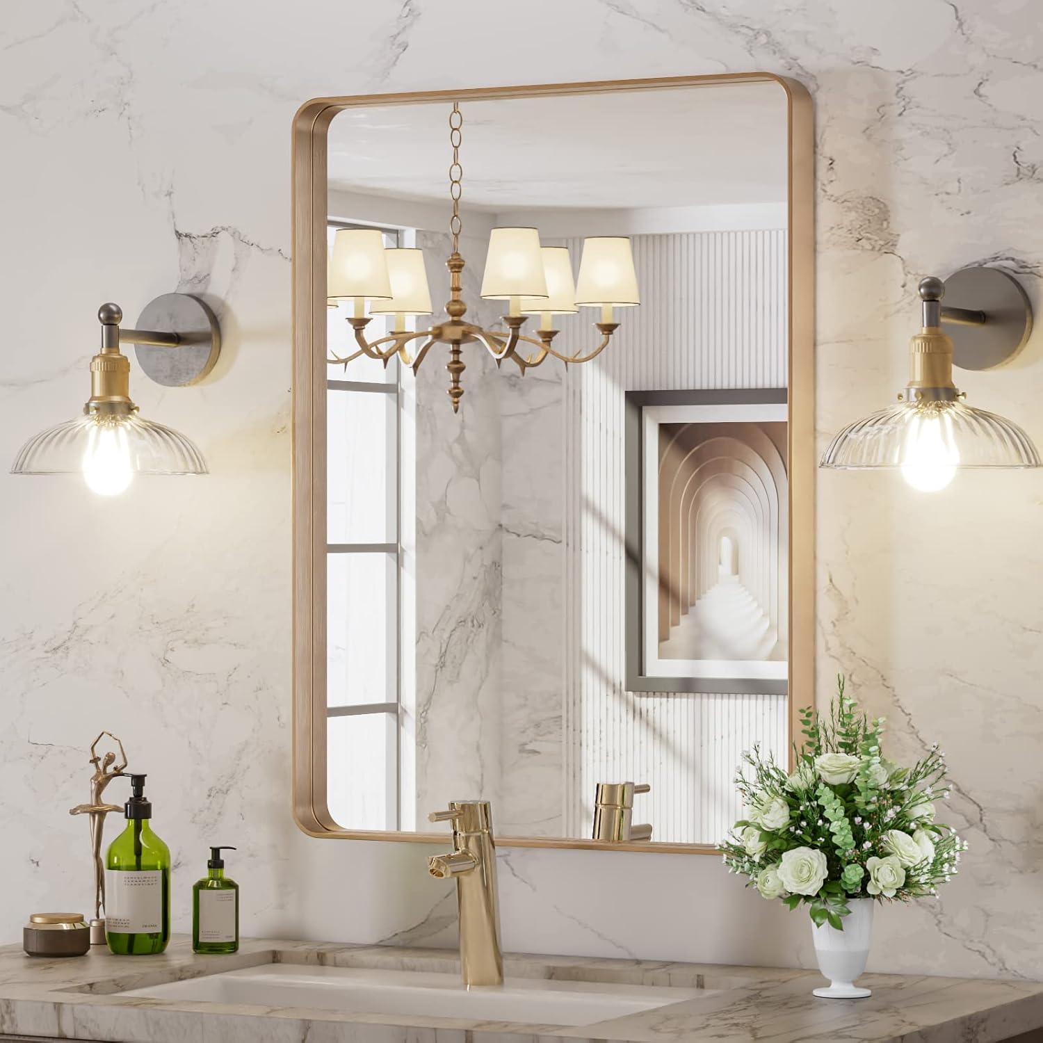 LOAAO 24”X36” Gold Bathroom Mirror, Rounded Rectangle Gold Frame Mirror, Brushed Gold Bathroom Vanity Mirror Wall-Mounted, Anti-Rust, Hangs Horizontally or Vertically