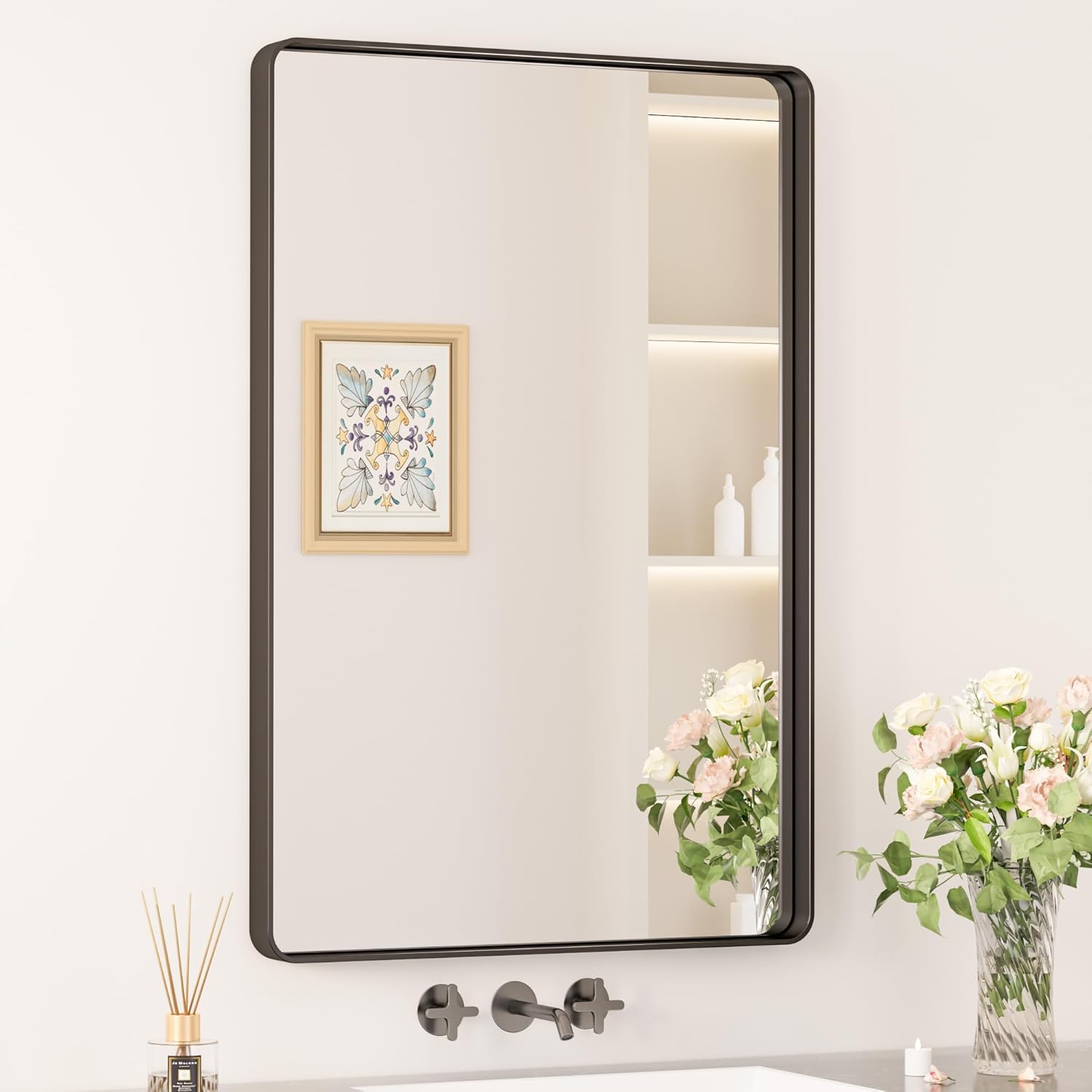 Keonjinn 20 x 30 Inch Brushed Nickel Bathroom Mirrors for Over Sink, Rounded Rectangle Silver Bathroom Vanity Mirror, Farmhouse Mirror for Wall, HD Tempered Glass, Anti-Rust Aluminum Alloy Mirror