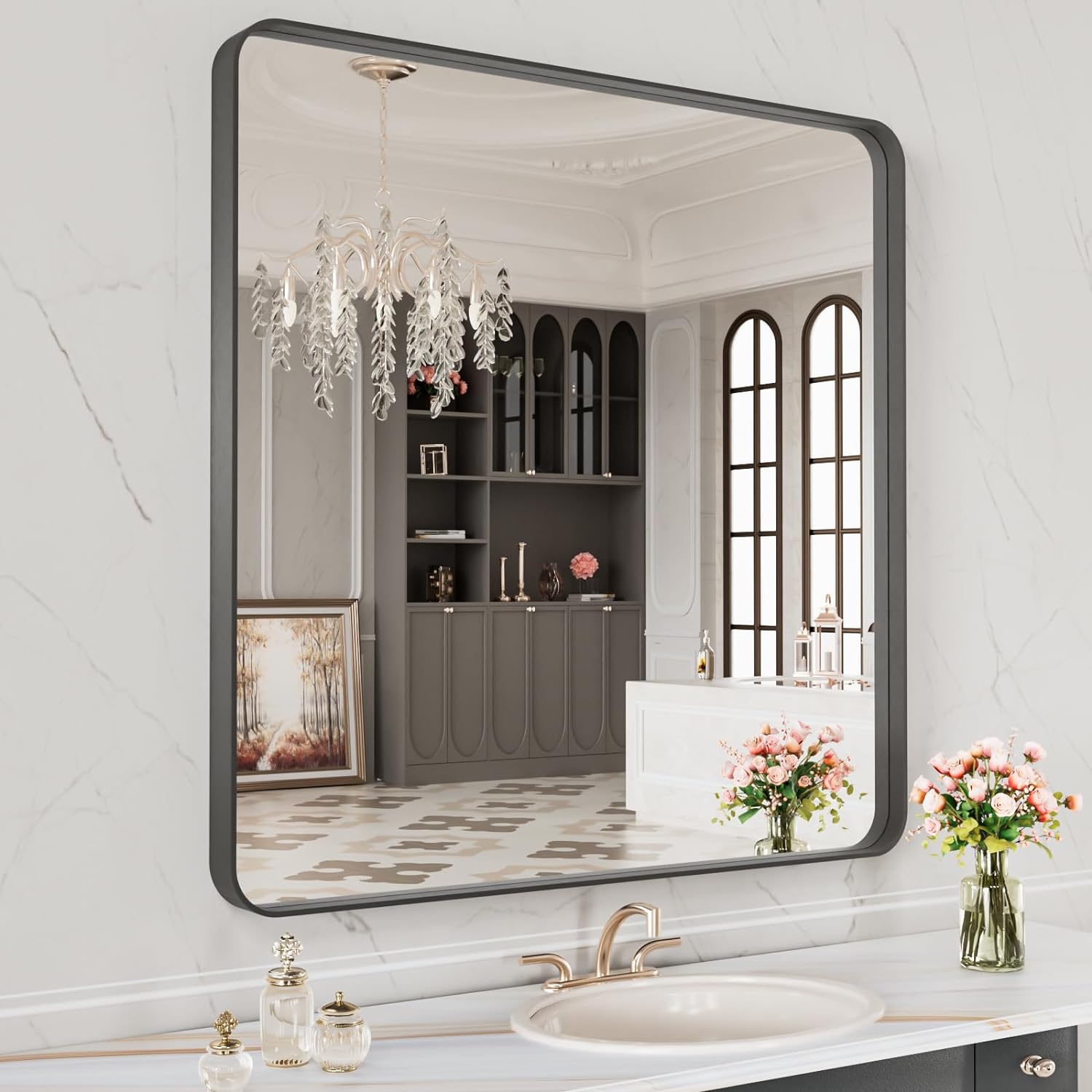 LOAAO 24”X36” Gold Bathroom Mirror, Rounded Rectangle Gold Frame Mirror, Brushed Gold Bathroom Vanity Mirror Wall-Mounted, Anti-Rust, Hangs Horizontally or Vertically