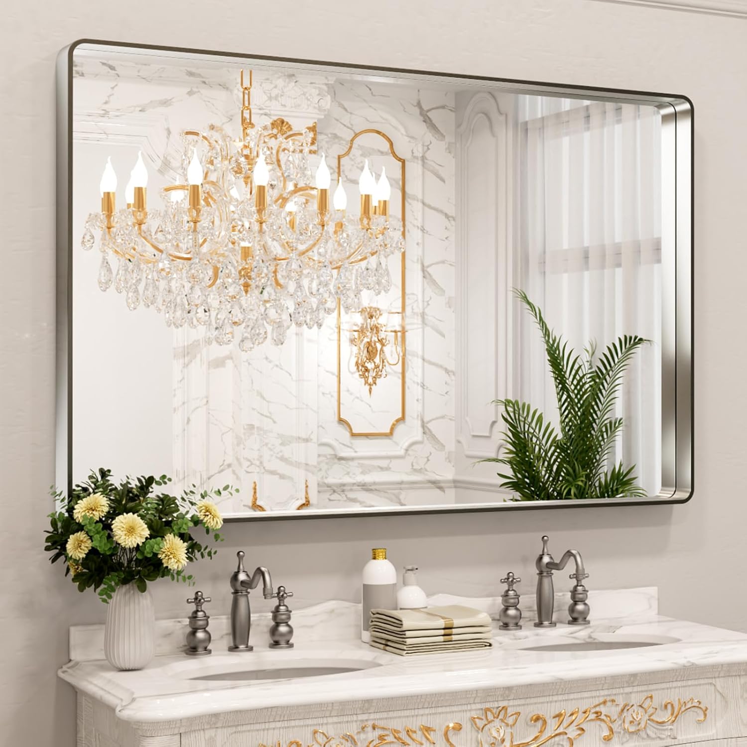 LOAAO 24”X36” Gold Bathroom Mirror, Rounded Rectangle Gold Frame Mirror, Brushed Gold Bathroom Vanity Mirror Wall-Mounted, Anti-Rust, Hangs Horizontally or Vertically