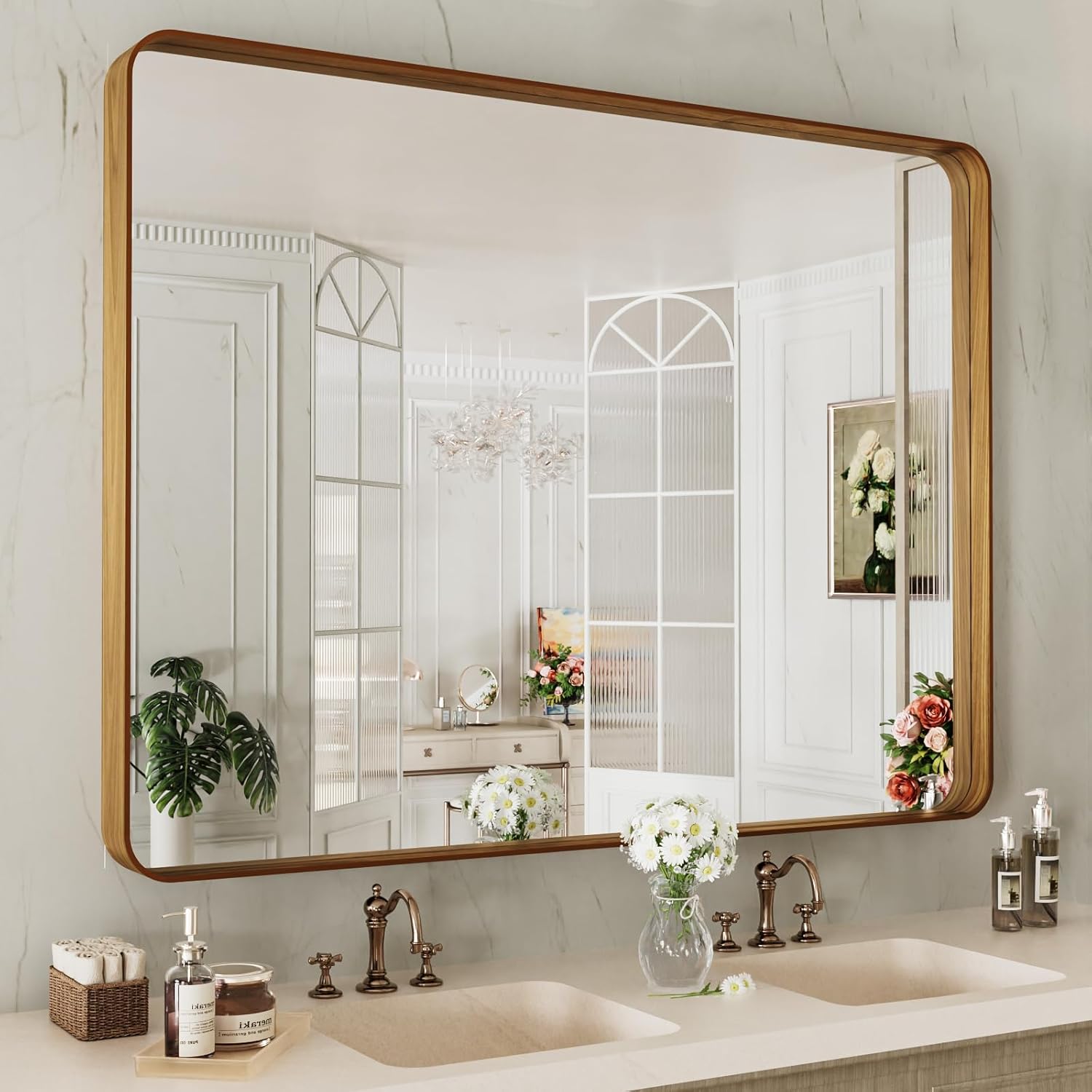 LOAAO 24”X36” Gold Bathroom Mirror, Rounded Rectangle Gold Frame Mirror, Brushed Gold Bathroom Vanity Mirror Wall-Mounted, Anti-Rust, Hangs Horizontally or Vertically