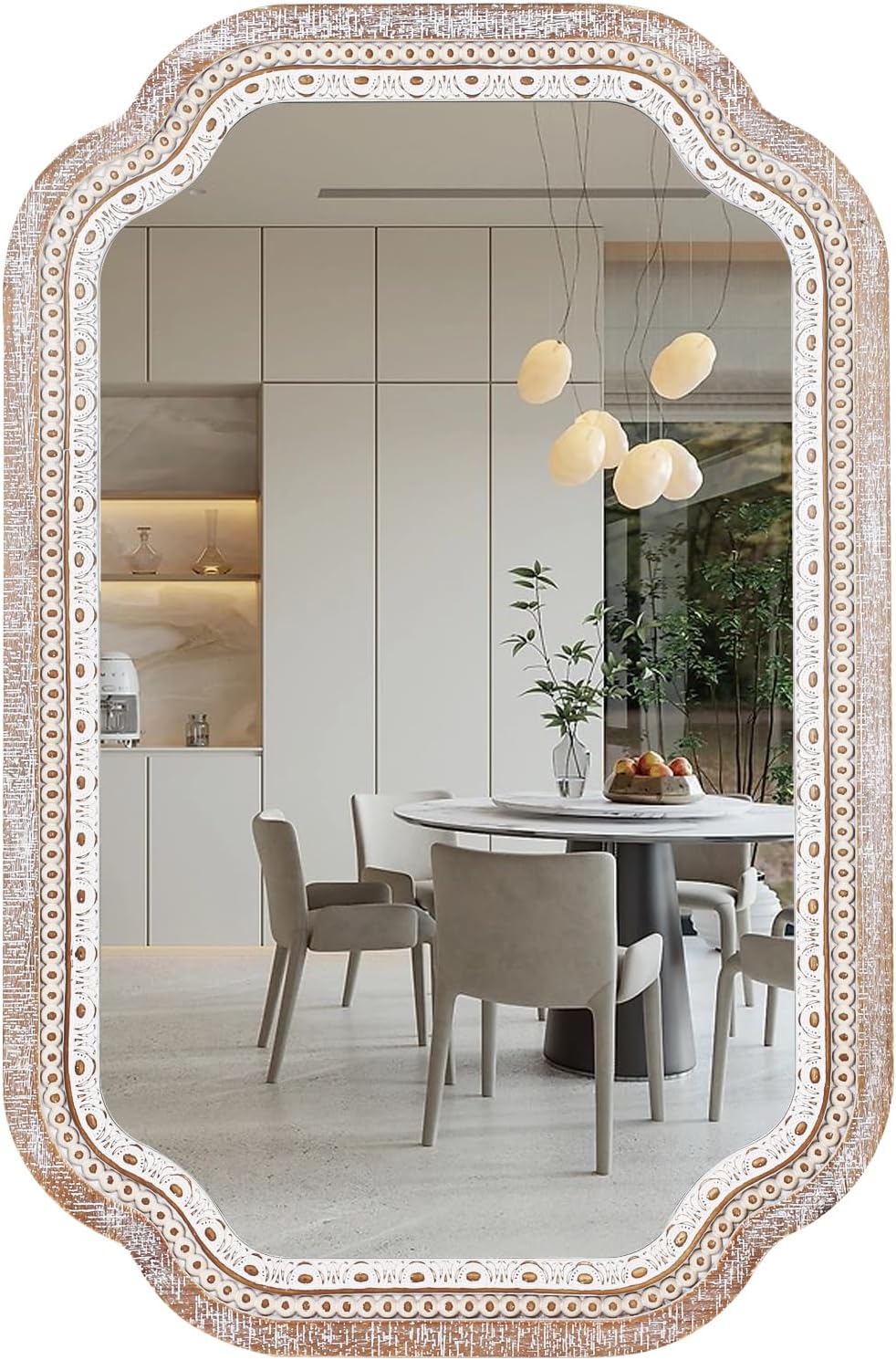 24 Inch Wooden Round Mirror for Wall Decor, Farmhouse Rustic Decorative Circle Mirrors with Beaded Frame, for Bedroom, Bathroom, Living Room, Entryway - Housewarming Gift