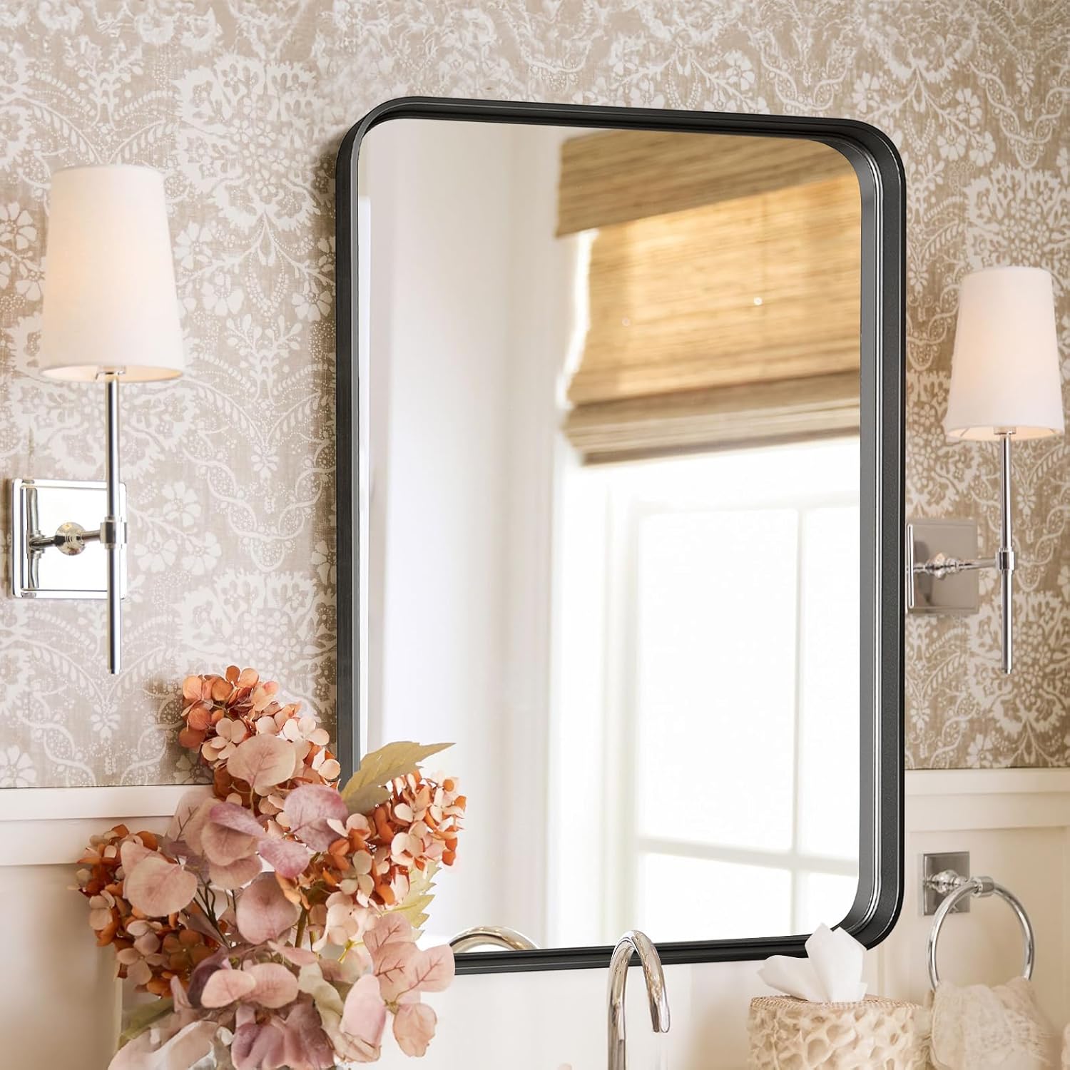 DUMOS Black Vanity Bathroom Mirror for Wall, Metal Framed Rounded Rectangular Modern Mirrors for Over Sink, 30x40 Inch for Farmhouse, Tempered Glass, Hangs Horizontally or Vertically