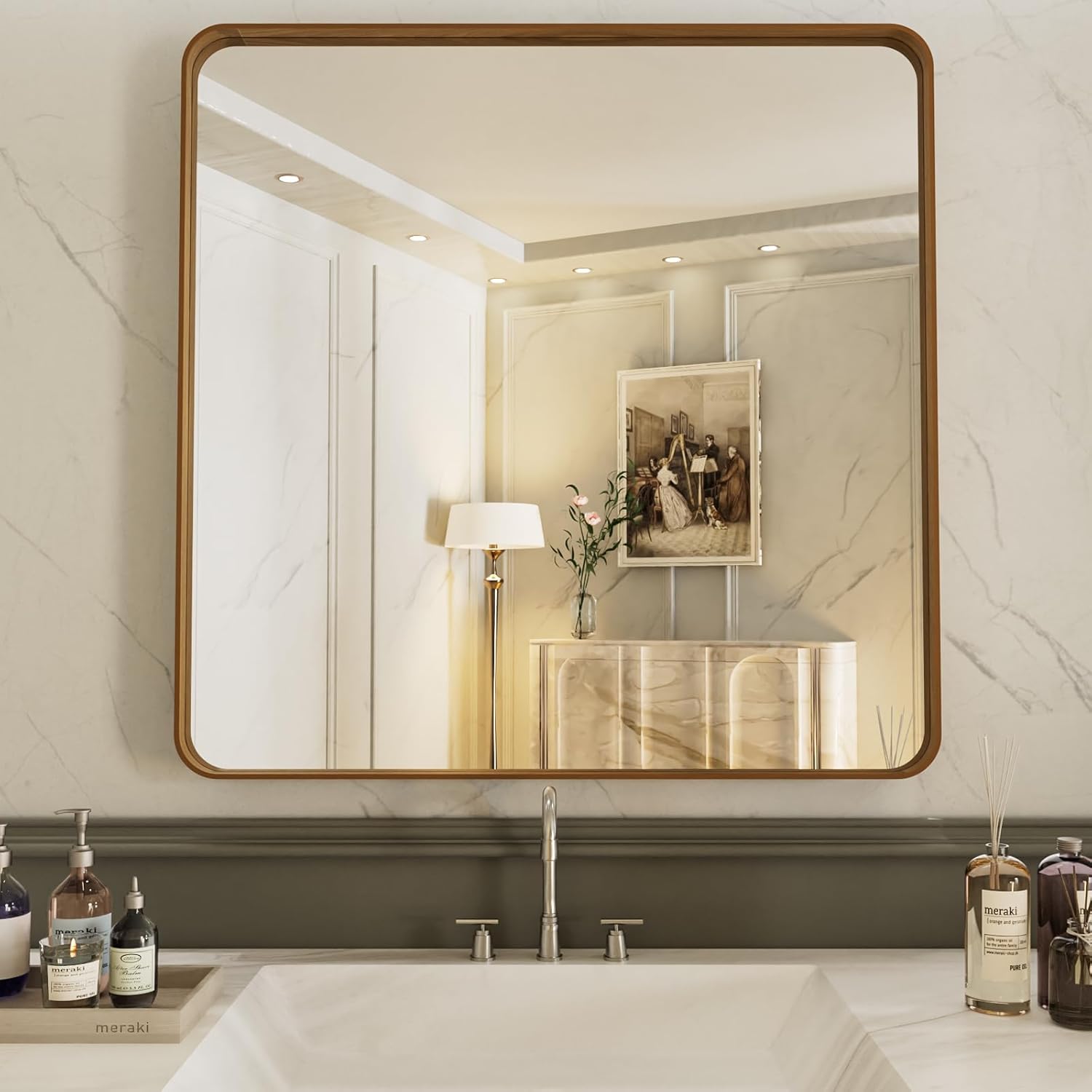 LOAAO 24”X36” Gold Bathroom Mirror, Rounded Rectangle Gold Frame Mirror, Brushed Gold Bathroom Vanity Mirror Wall-Mounted, Anti-Rust, Hangs Horizontally or Vertically