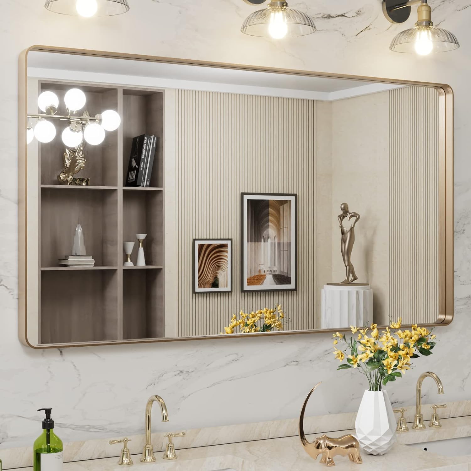 LOAAO 24”X36” Gold Bathroom Mirror, Rounded Rectangle Gold Frame Mirror, Brushed Gold Bathroom Vanity Mirror Wall-Mounted, Anti-Rust, Hangs Horizontally or Vertically