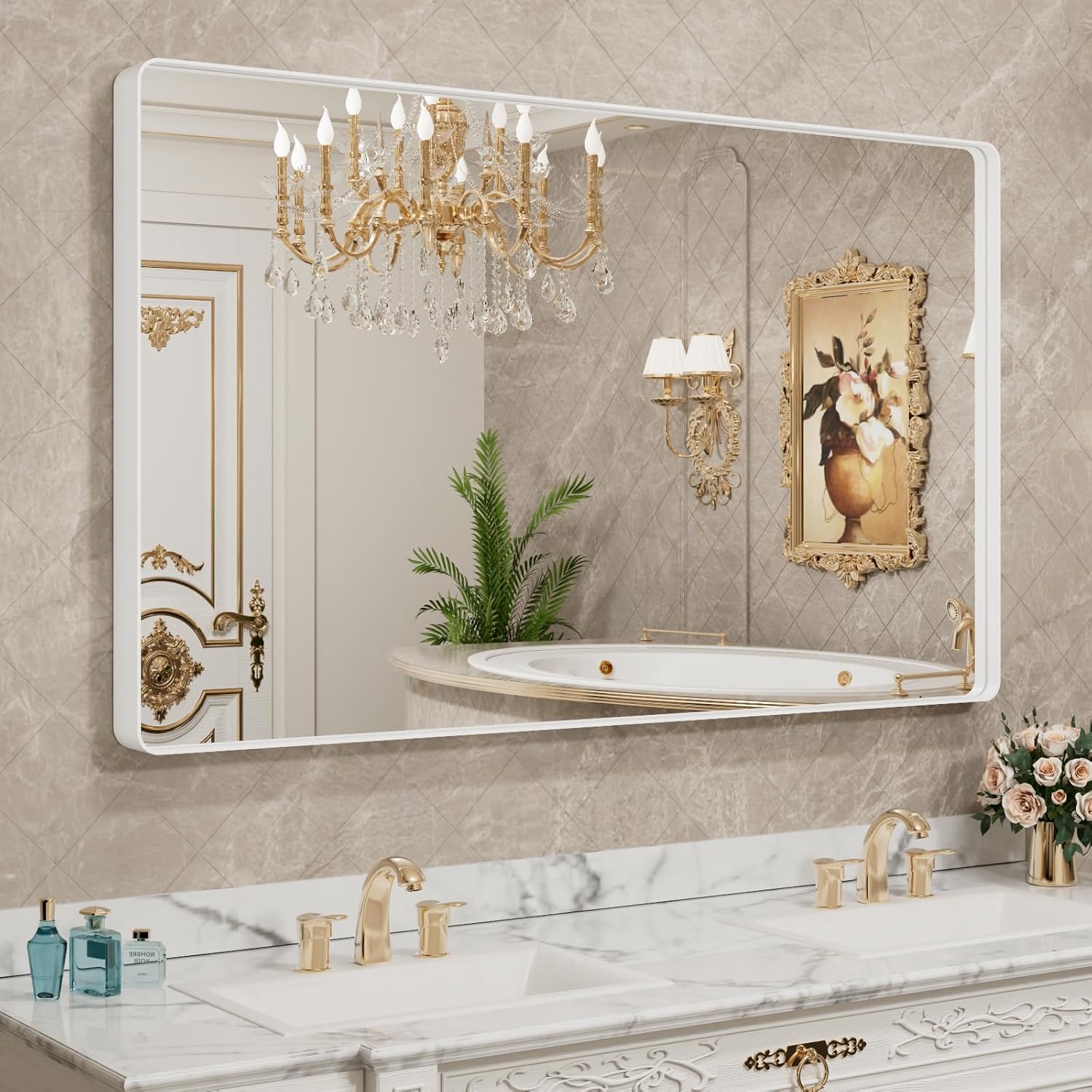 LOAAO 24”X36” Gold Bathroom Mirror, Rounded Rectangle Gold Frame Mirror, Brushed Gold Bathroom Vanity Mirror Wall-Mounted, Anti-Rust, Hangs Horizontally or Vertically