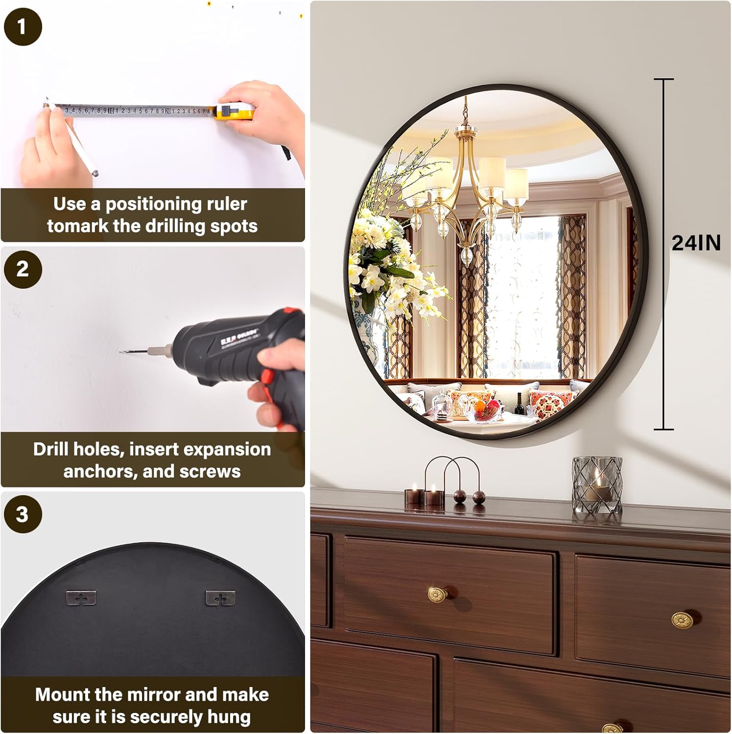 24 Inch Round Mirror - Circle Mirrors for Bathroom, Entryway and Living Room Wall Decor, Modern Hanging Vanity Mirror, Matte Black Circle Decorative Wall Mirror
