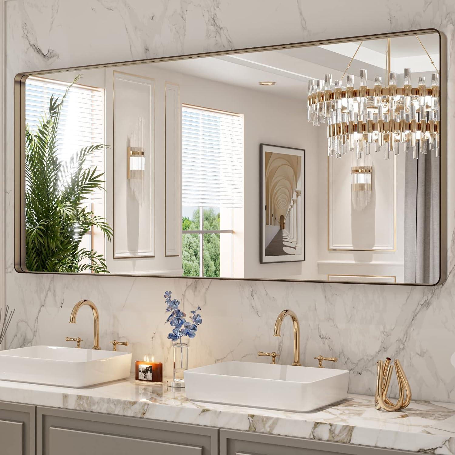 LOAAO 24”X36” Gold Bathroom Mirror, Rounded Rectangle Gold Frame Mirror, Brushed Gold Bathroom Vanity Mirror Wall-Mounted, Anti-Rust, Hangs Horizontally or Vertically