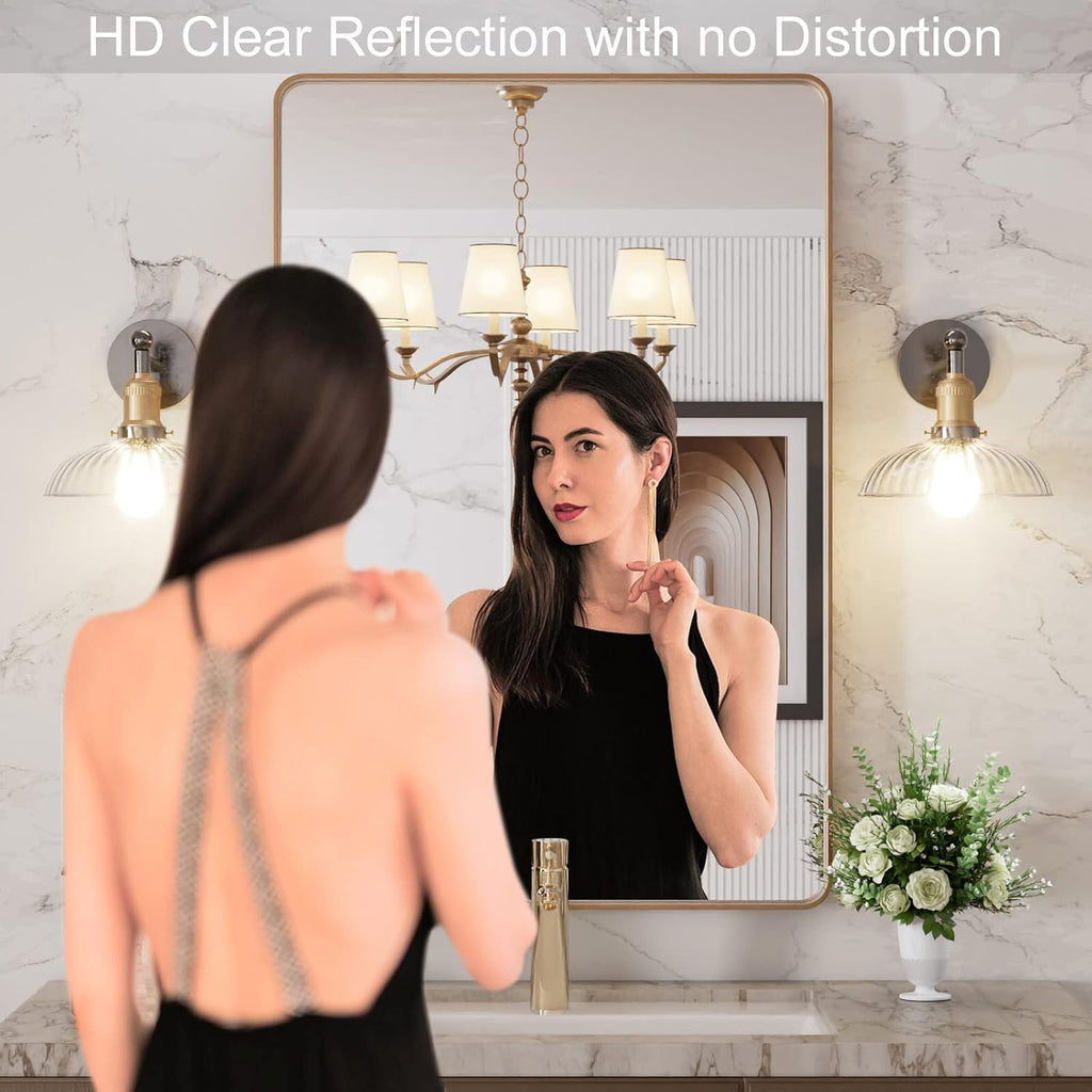 LOAAO 24”X36” Gold Bathroom Mirror, Rounded Rectangle Gold Frame Mirror, Brushed Gold Bathroom Vanity Mirror Wall-Mounted, Anti-Rust, Hangs Horizontally or Vertically