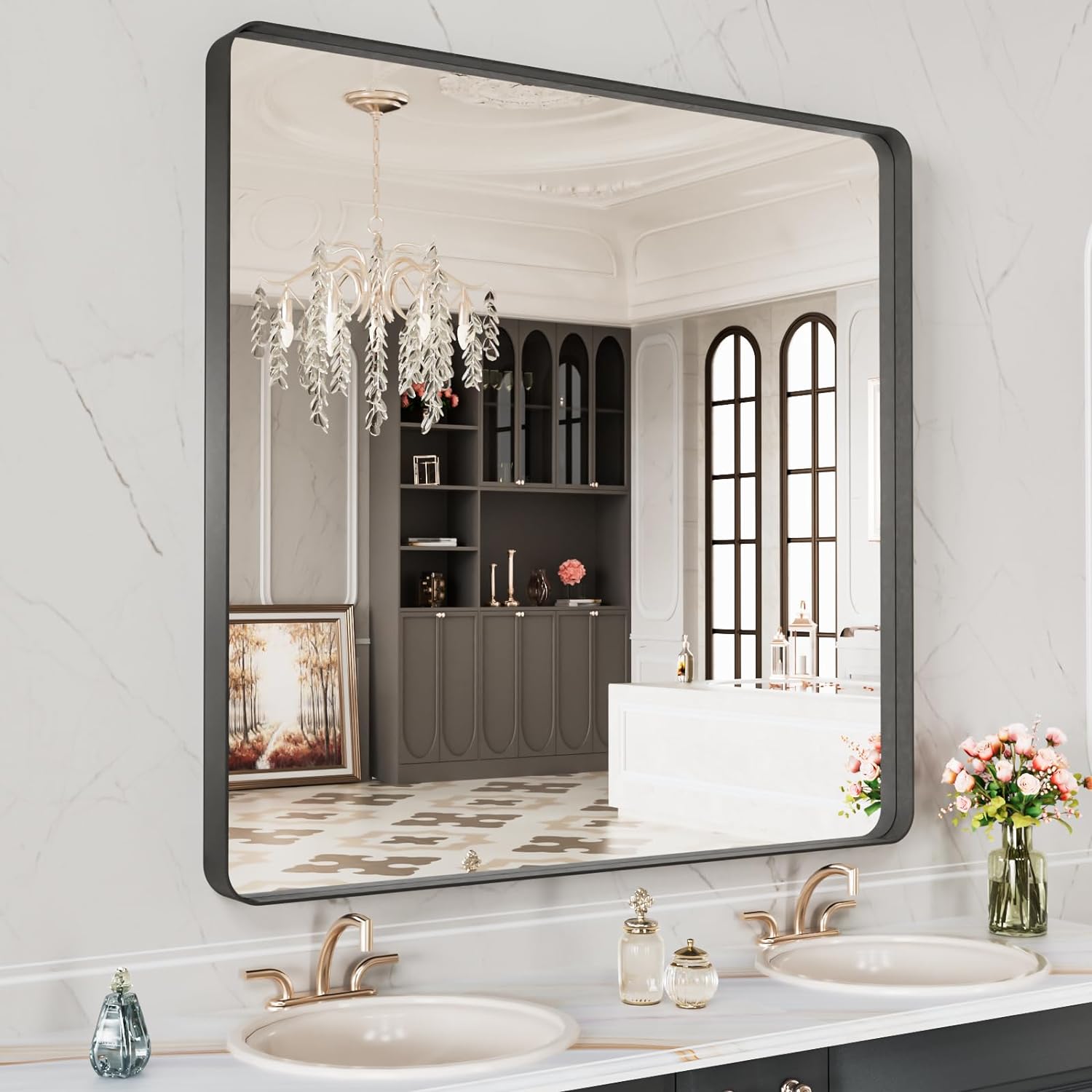 LOAAO 24”X36” Gold Bathroom Mirror, Rounded Rectangle Gold Frame Mirror, Brushed Gold Bathroom Vanity Mirror Wall-Mounted, Anti-Rust, Hangs Horizontally or Vertically