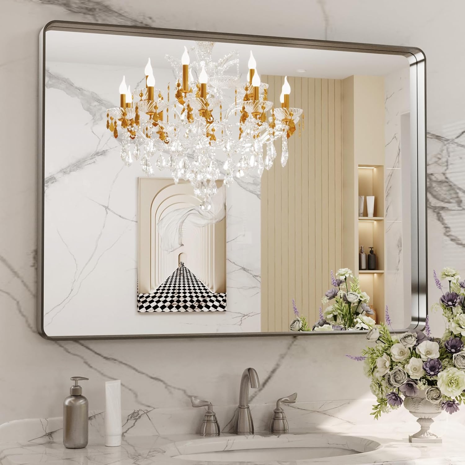 LOAAO 24”X36” Gold Bathroom Mirror, Rounded Rectangle Gold Frame Mirror, Brushed Gold Bathroom Vanity Mirror Wall-Mounted, Anti-Rust, Hangs Horizontally or Vertically