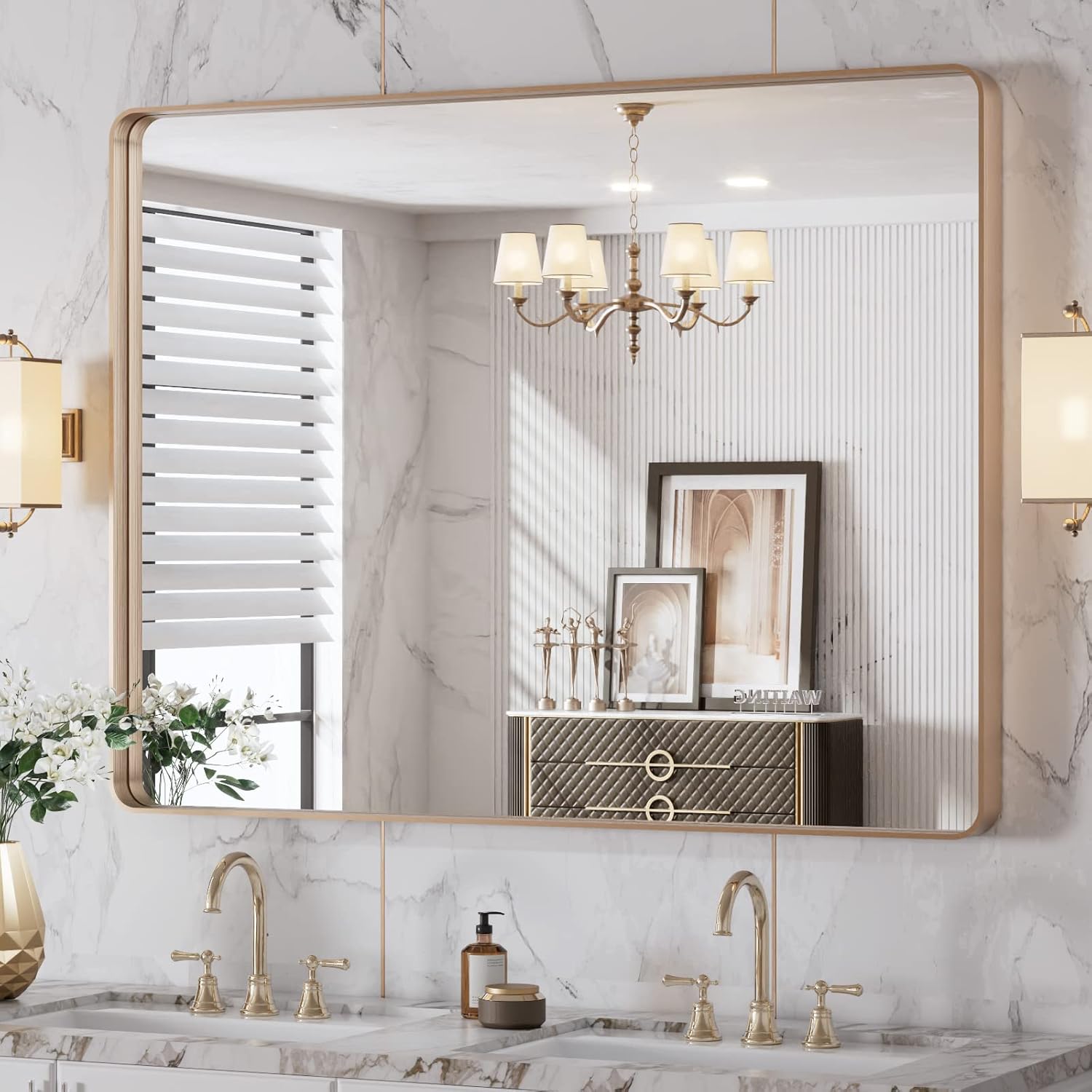LOAAO 24”X36” Gold Bathroom Mirror, Rounded Rectangle Gold Frame Mirror, Brushed Gold Bathroom Vanity Mirror Wall-Mounted, Anti-Rust, Hangs Horizontally or Vertically