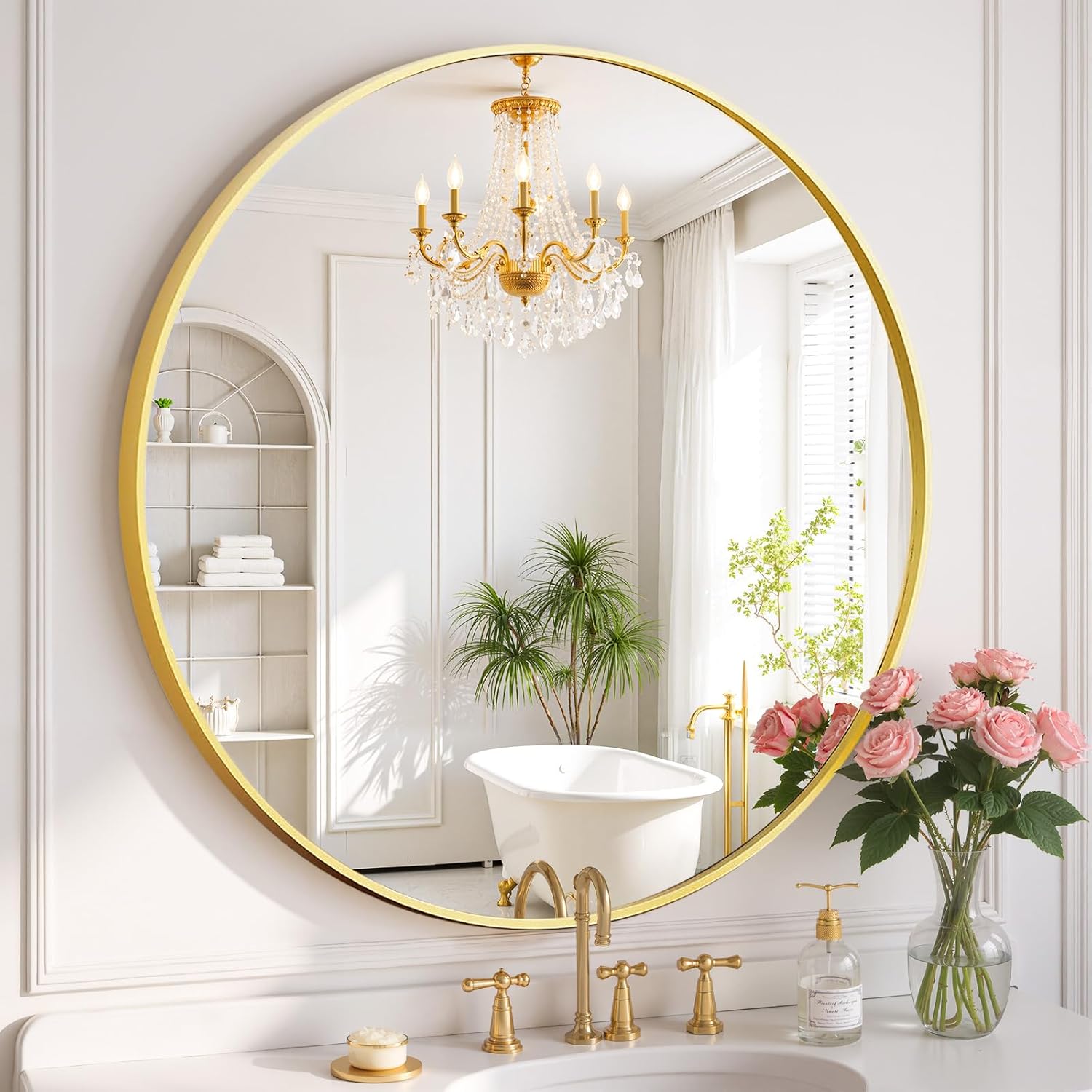 Round Wall Mirror 30 Inch Gold Vanity Mirror with Metal Frame, Modern Circle for Bathroom, Entryway, Bedroom, Living Room, Wall Mounted Decorative Mirrors