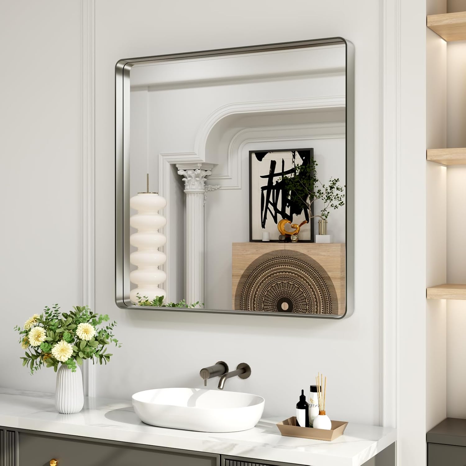 LOAAO 24”X36” Gold Bathroom Mirror, Rounded Rectangle Gold Frame Mirror, Brushed Gold Bathroom Vanity Mirror Wall-Mounted, Anti-Rust, Hangs Horizontally or Vertically