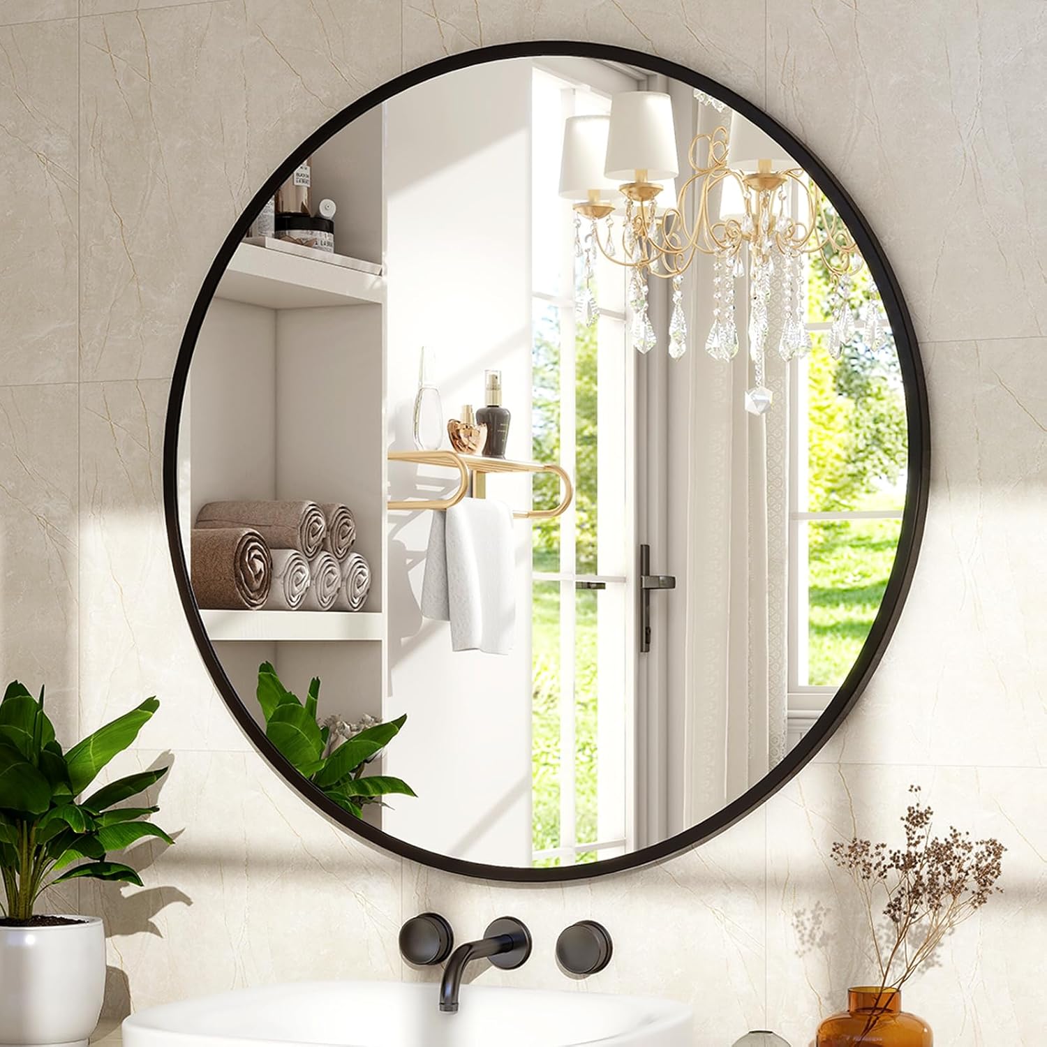 24 Inch Round Mirror - Circle Mirrors for Bathroom, Entryway and Living Room Wall Decor, Modern Hanging Vanity Mirror, Matte Black Circle Decorative Wall Mirror