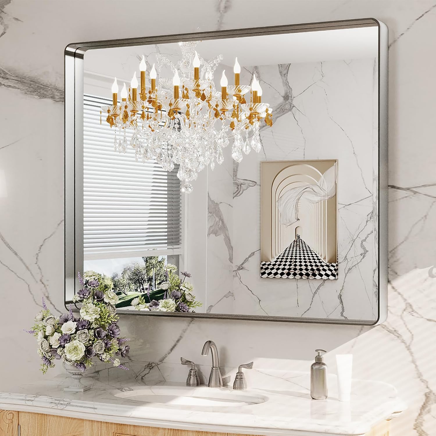 LOAAO 24”X36” Gold Bathroom Mirror, Rounded Rectangle Gold Frame Mirror, Brushed Gold Bathroom Vanity Mirror Wall-Mounted, Anti-Rust, Hangs Horizontally or Vertically