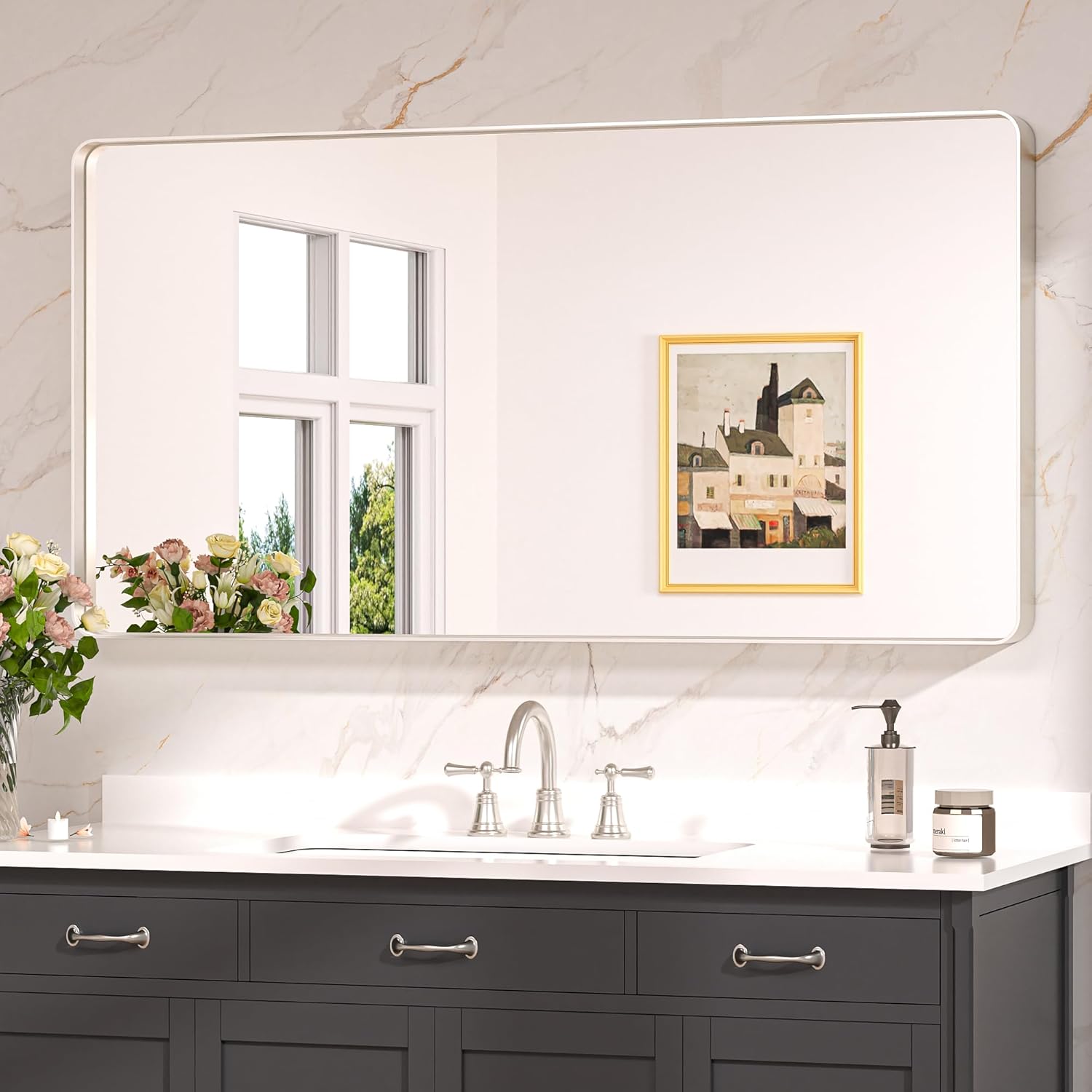 Keonjinn 20 x 30 Inch Brushed Nickel Bathroom Mirrors for Over Sink, Rounded Rectangle Silver Bathroom Vanity Mirror, Farmhouse Mirror for Wall, HD Tempered Glass, Anti-Rust Aluminum Alloy Mirror