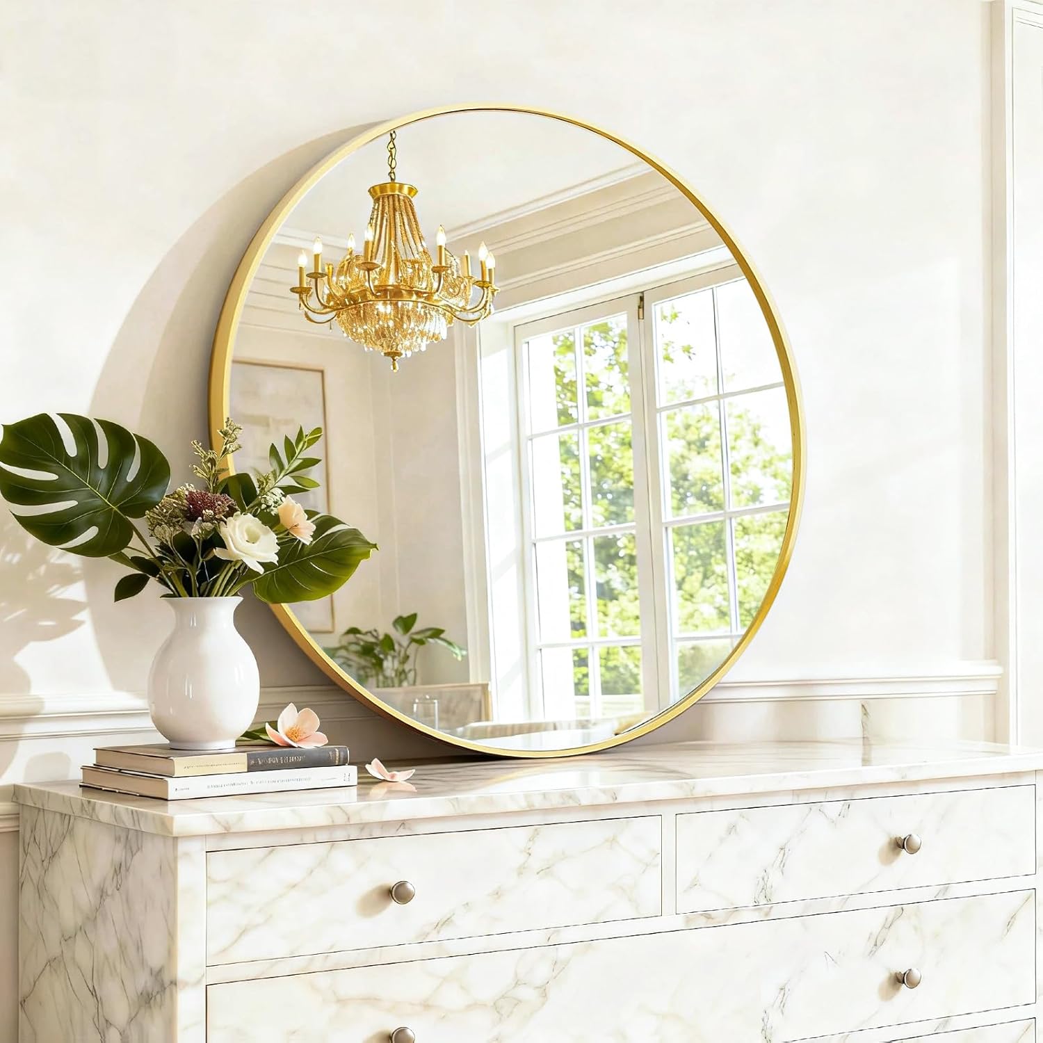 Round Wall Mirror 30 Inch Gold Vanity Mirror with Metal Frame, Modern Circle for Bathroom, Entryway, Bedroom, Living Room, Wall Mounted Decorative Mirrors