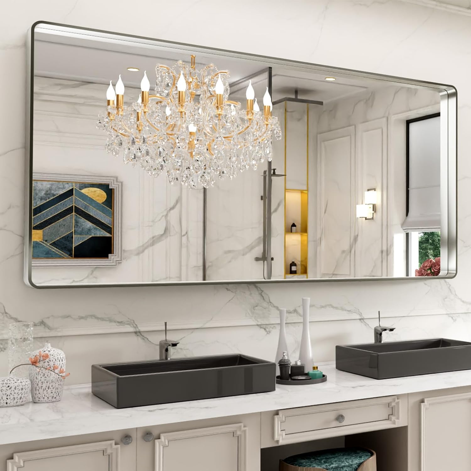LOAAO 24”X36” Gold Bathroom Mirror, Rounded Rectangle Gold Frame Mirror, Brushed Gold Bathroom Vanity Mirror Wall-Mounted, Anti-Rust, Hangs Horizontally or Vertically