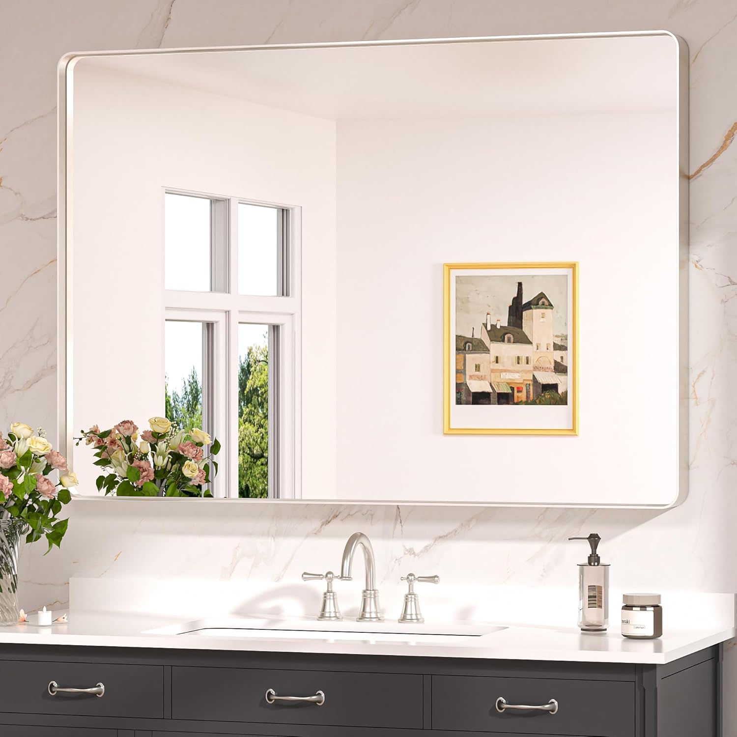 Keonjinn 20 x 30 Inch Brushed Nickel Bathroom Mirrors for Over Sink, Rounded Rectangle Silver Bathroom Vanity Mirror, Farmhouse Mirror for Wall, HD Tempered Glass, Anti-Rust Aluminum Alloy Mirror