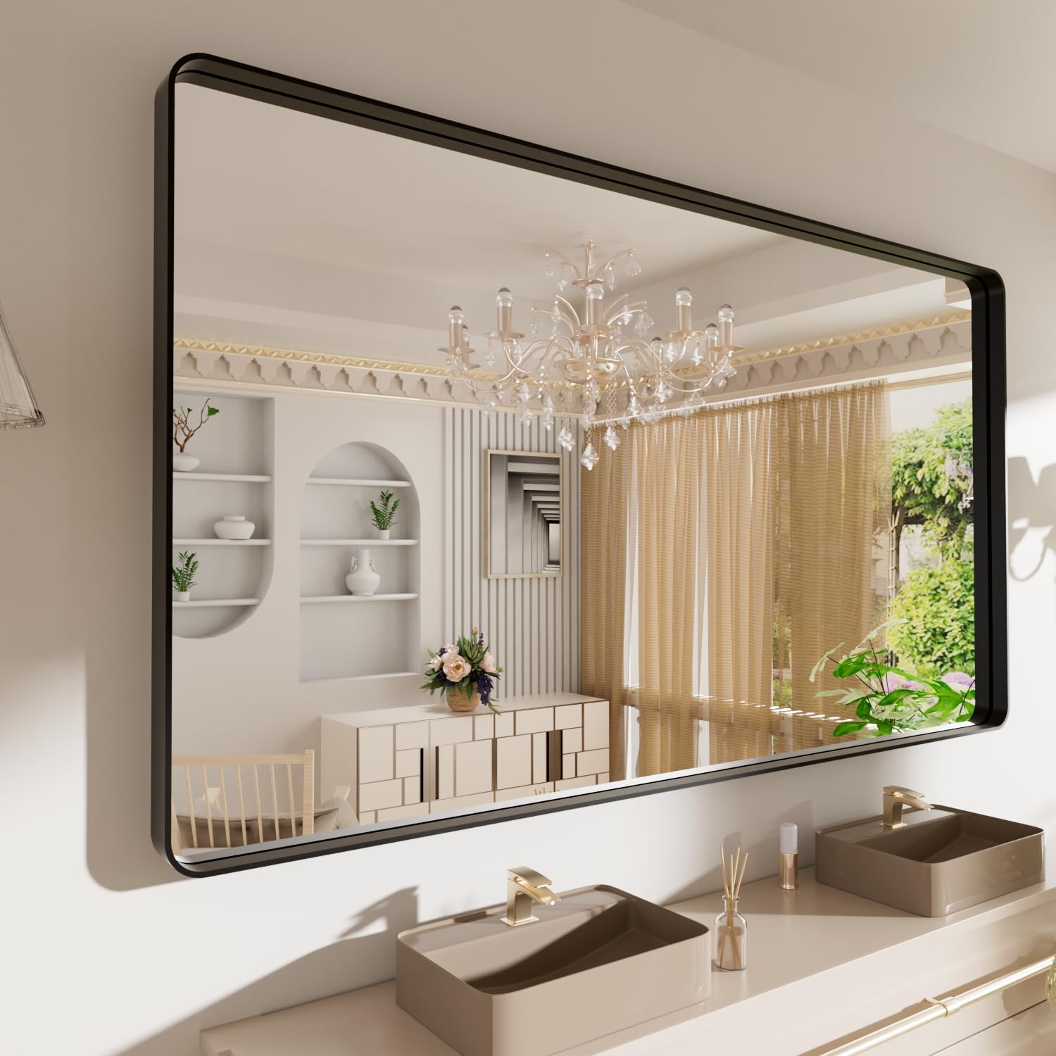 LOAAO 24”X36” Gold Bathroom Mirror, Rounded Rectangle Gold Frame Mirror, Brushed Gold Bathroom Vanity Mirror Wall-Mounted, Anti-Rust, Hangs Horizontally or Vertically