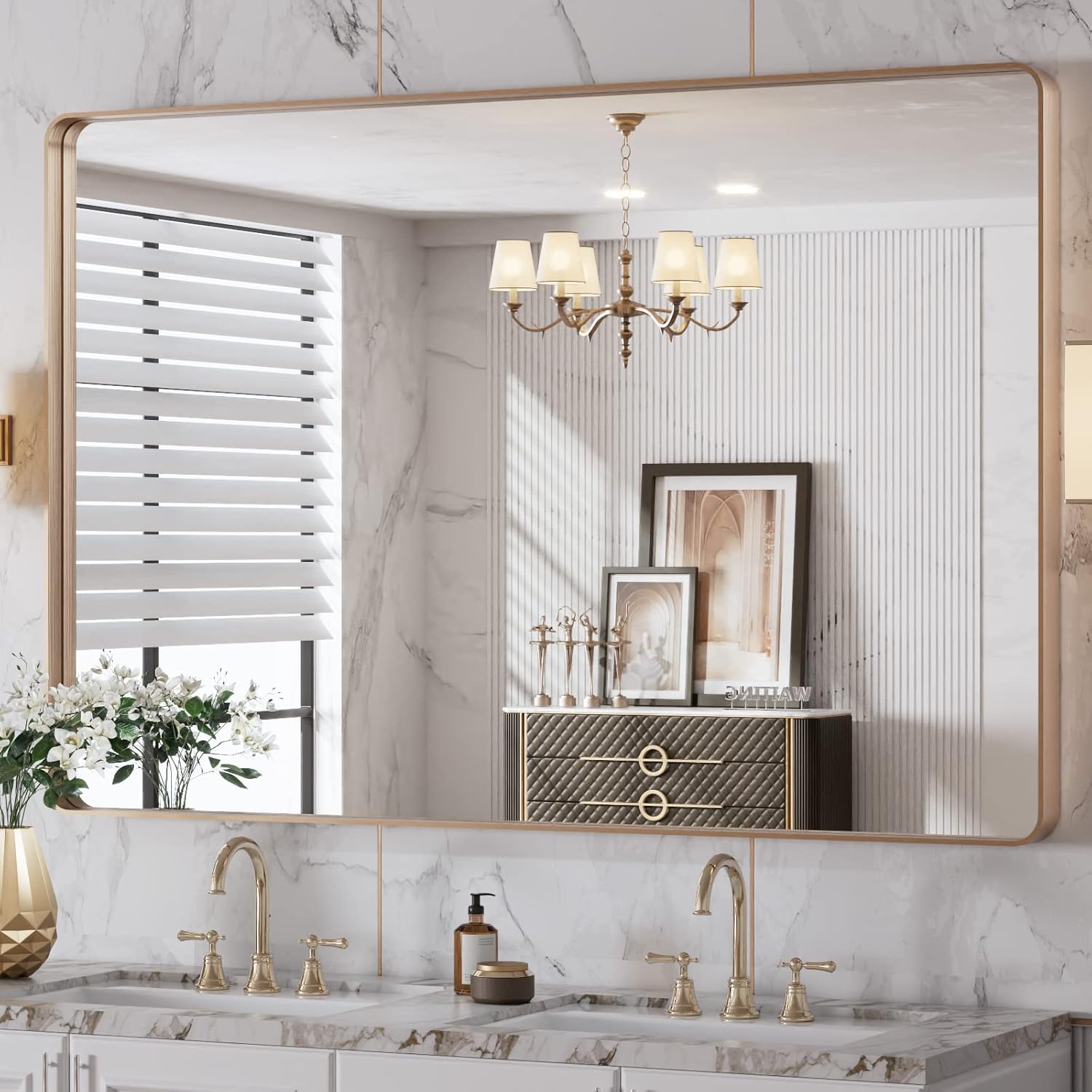 LOAAO 24”X36” Gold Bathroom Mirror, Rounded Rectangle Gold Frame Mirror, Brushed Gold Bathroom Vanity Mirror Wall-Mounted, Anti-Rust, Hangs Horizontally or Vertically