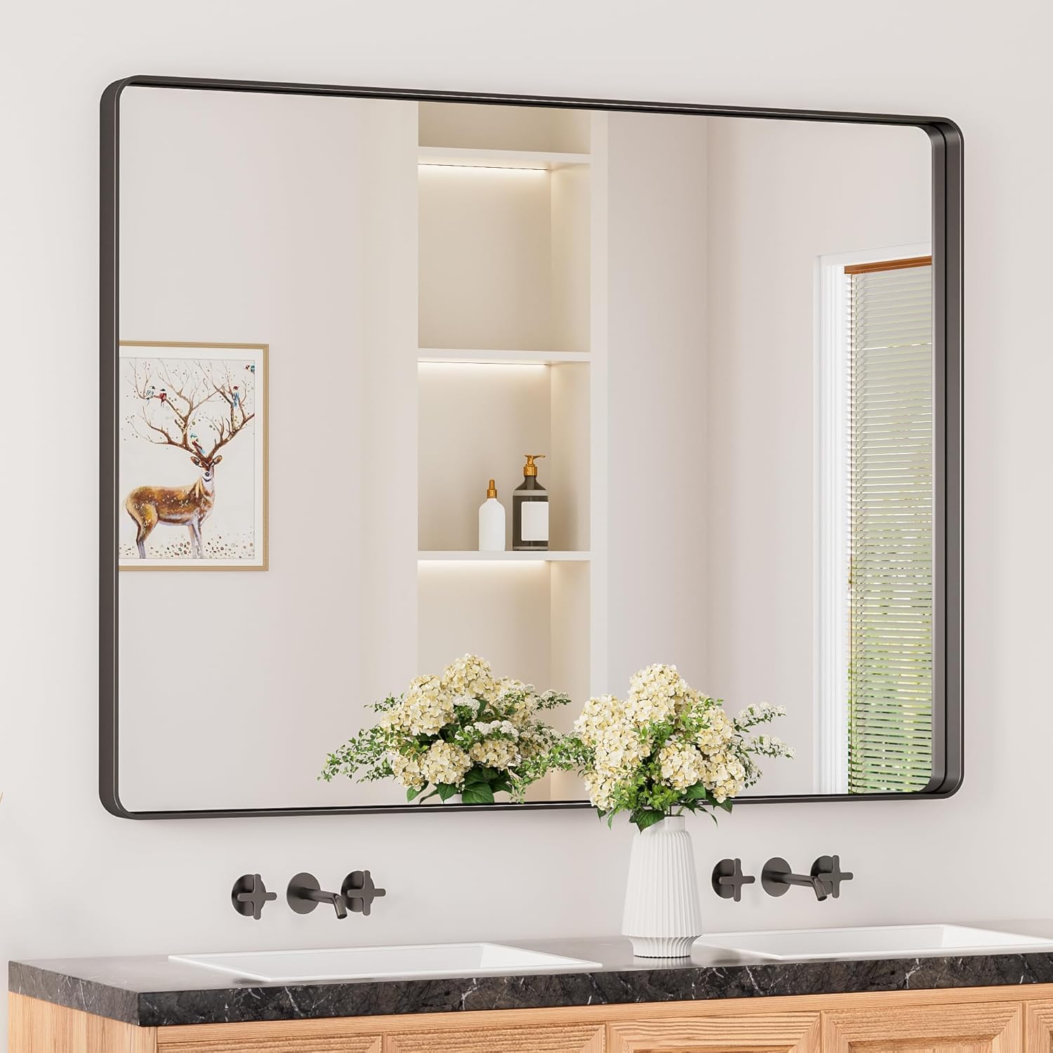 Keonjinn 20 x 30 Inch Brushed Nickel Bathroom Mirrors for Over Sink, Rounded Rectangle Silver Bathroom Vanity Mirror, Farmhouse Mirror for Wall, HD Tempered Glass, Anti-Rust Aluminum Alloy Mirror
