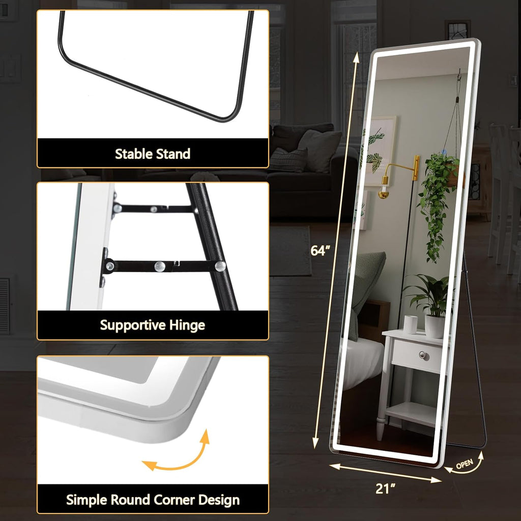Sweetcrispy 64"x21" Full Length Standing Mirror with LED Lights, Lighted Floor Mirror with Stand, Aluminum Alloy Thin Frame, White