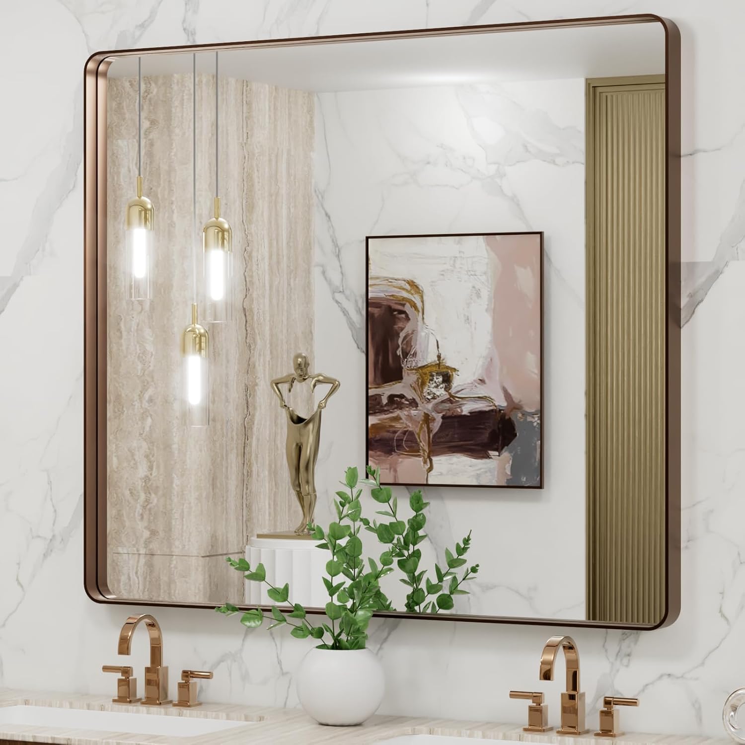 LOAAO 24”X36” Gold Bathroom Mirror, Rounded Rectangle Gold Frame Mirror, Brushed Gold Bathroom Vanity Mirror Wall-Mounted, Anti-Rust, Hangs Horizontally or Vertically
