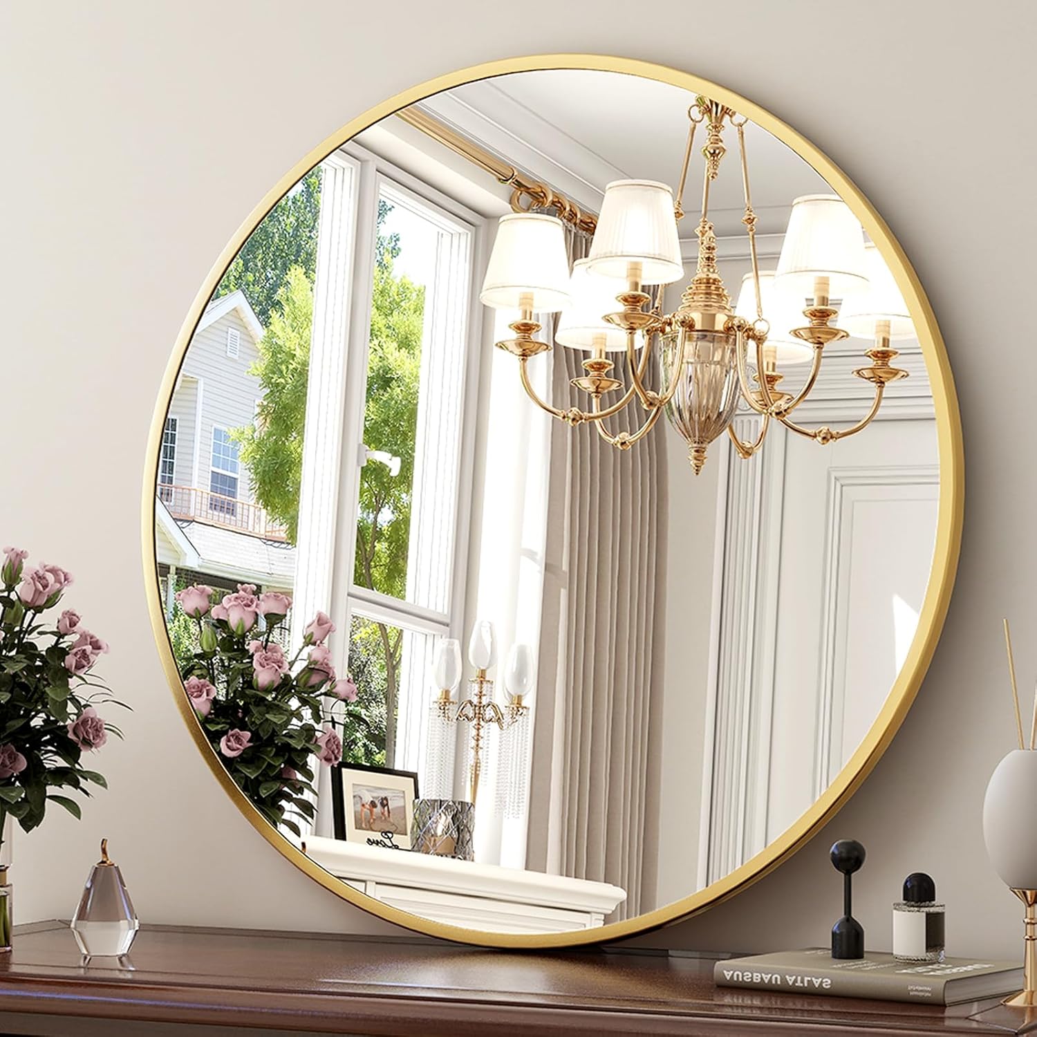 24 Inch Round Mirror - Circle Mirrors for Bathroom, Entryway and Living Room Wall Decor, Modern Hanging Vanity Mirror, Matte Black Circle Decorative Wall Mirror