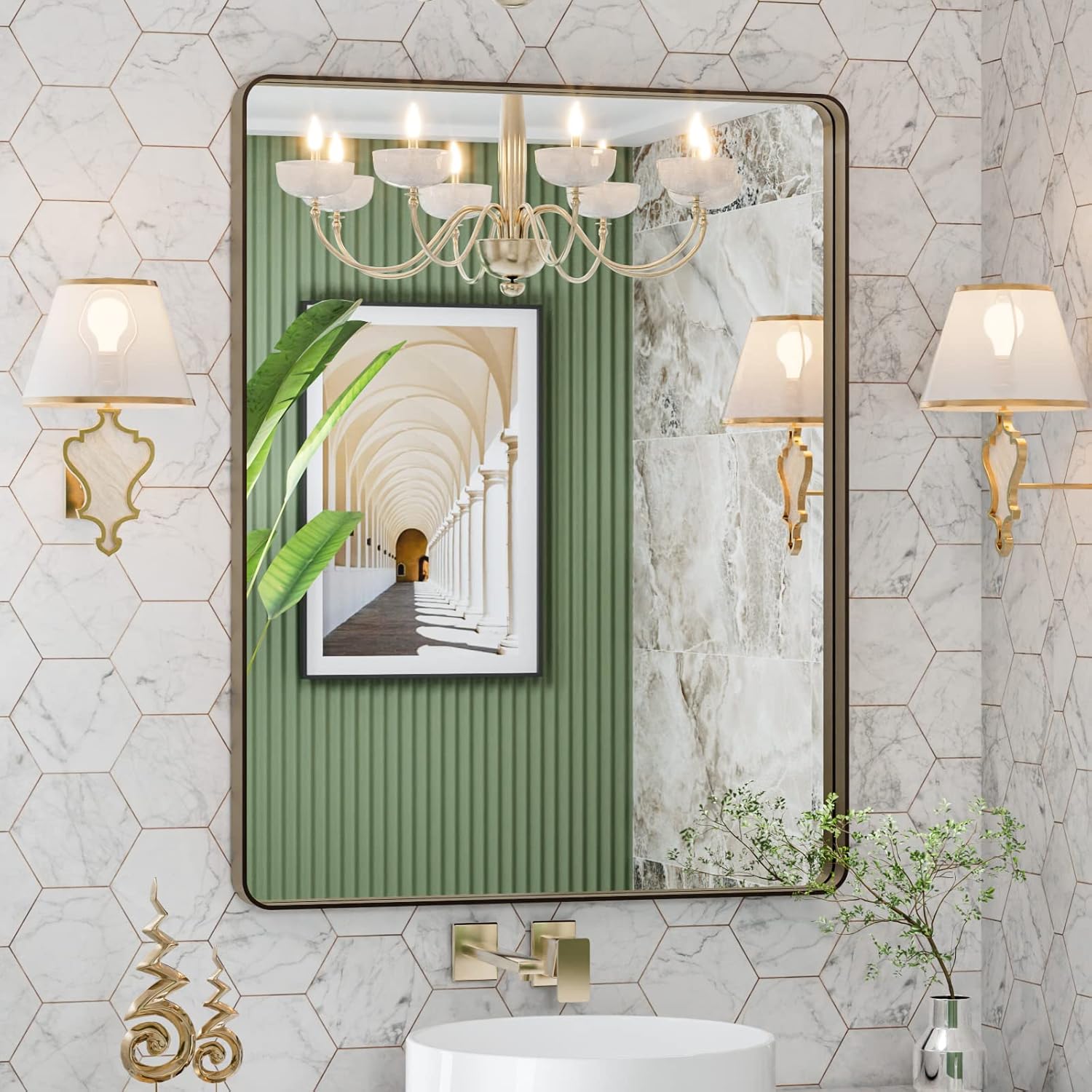 LOAAO 24”X36” Gold Bathroom Mirror, Rounded Rectangle Gold Frame Mirror, Brushed Gold Bathroom Vanity Mirror Wall-Mounted, Anti-Rust, Hangs Horizontally or Vertically