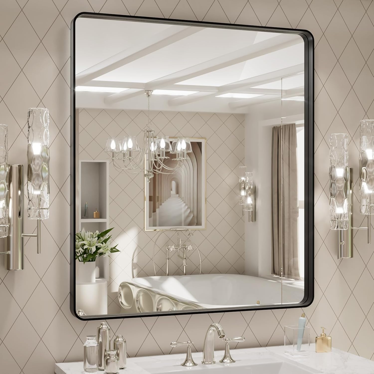 LOAAO 24”X36” Gold Bathroom Mirror, Rounded Rectangle Gold Frame Mirror, Brushed Gold Bathroom Vanity Mirror Wall-Mounted, Anti-Rust, Hangs Horizontally or Vertically