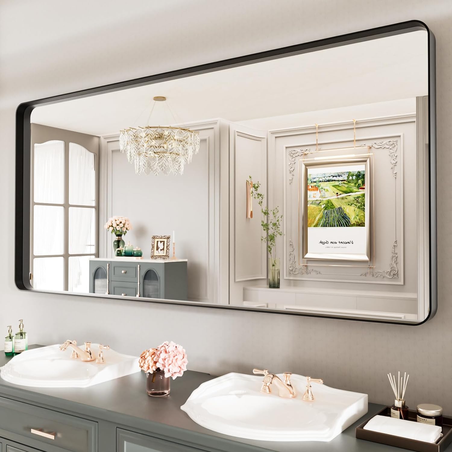 LOAAO 24”X36” Gold Bathroom Mirror, Rounded Rectangle Gold Frame Mirror, Brushed Gold Bathroom Vanity Mirror Wall-Mounted, Anti-Rust, Hangs Horizontally or Vertically