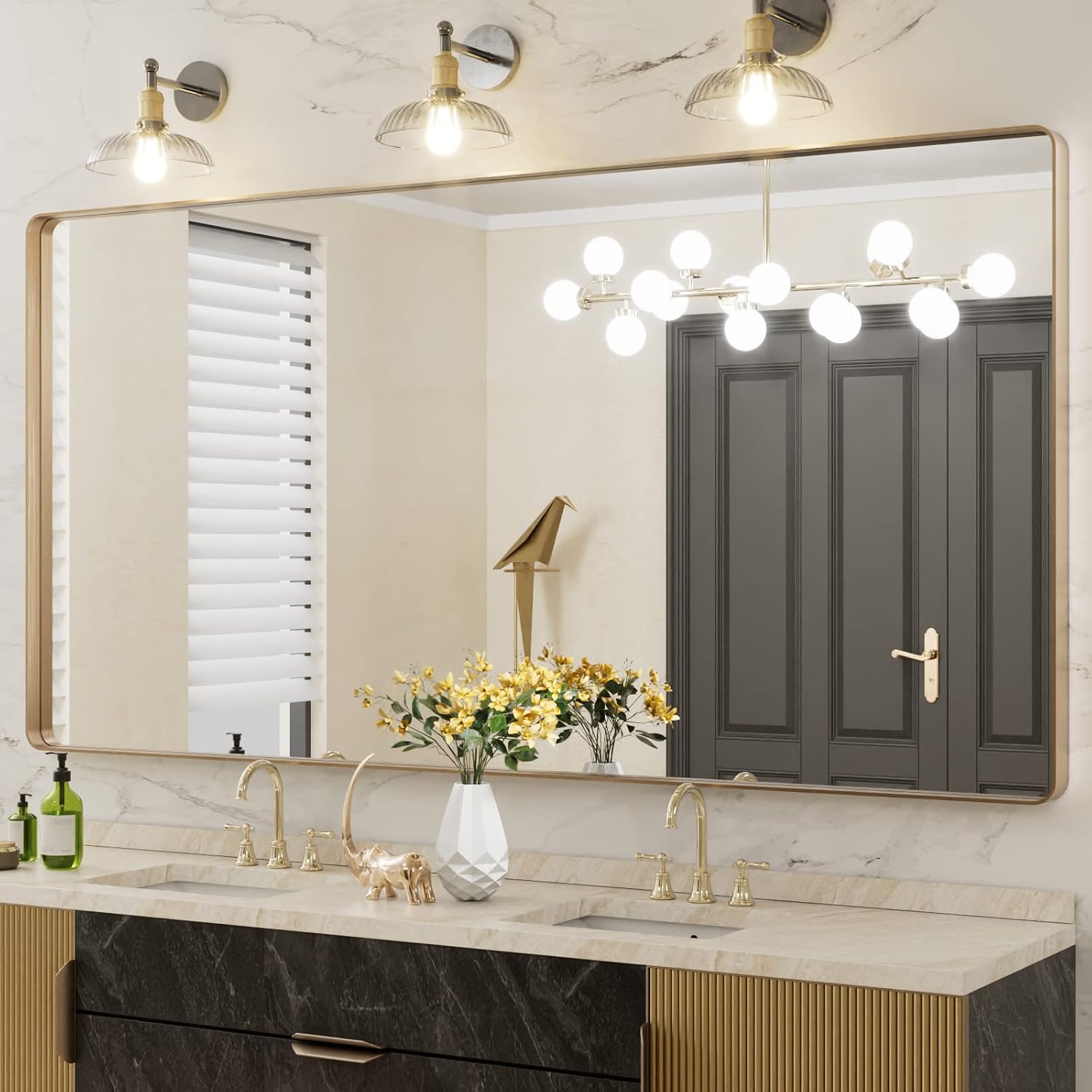 LOAAO 24”X36” Gold Bathroom Mirror, Rounded Rectangle Gold Frame Mirror, Brushed Gold Bathroom Vanity Mirror Wall-Mounted, Anti-Rust, Hangs Horizontally or Vertically