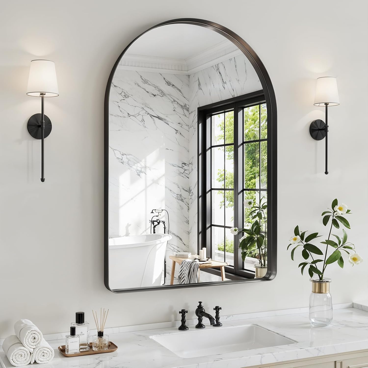 Arched Bathroom Mirror, 30"x40" Black Mirror for Wall Mounted Vanity Mirror for Over Sink with Tempered Glass, Aluminum Alloy Deep Frame, Farmhouse for Bedroom, Entryway, Living Room