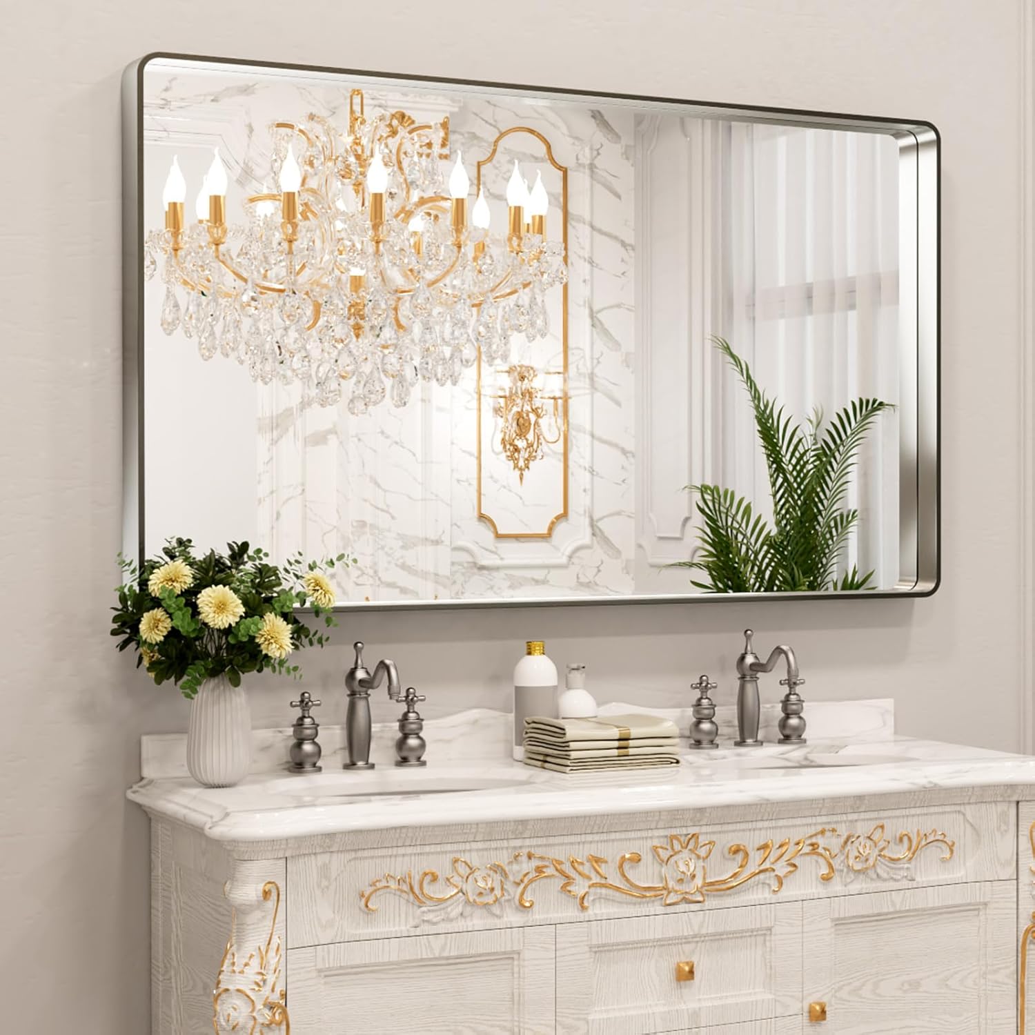 LOAAO 24”X36” Gold Bathroom Mirror, Rounded Rectangle Gold Frame Mirror, Brushed Gold Bathroom Vanity Mirror Wall-Mounted, Anti-Rust, Hangs Horizontally or Vertically