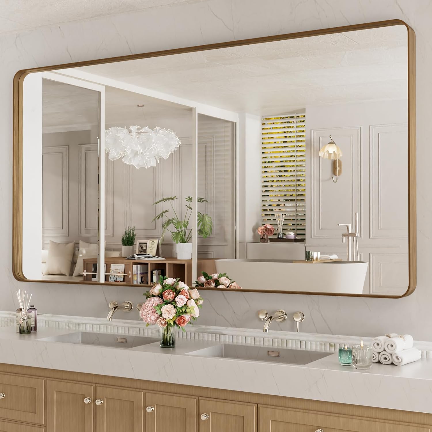 LOAAO 24”X36” Gold Bathroom Mirror, Rounded Rectangle Gold Frame Mirror, Brushed Gold Bathroom Vanity Mirror Wall-Mounted, Anti-Rust, Hangs Horizontally or Vertically