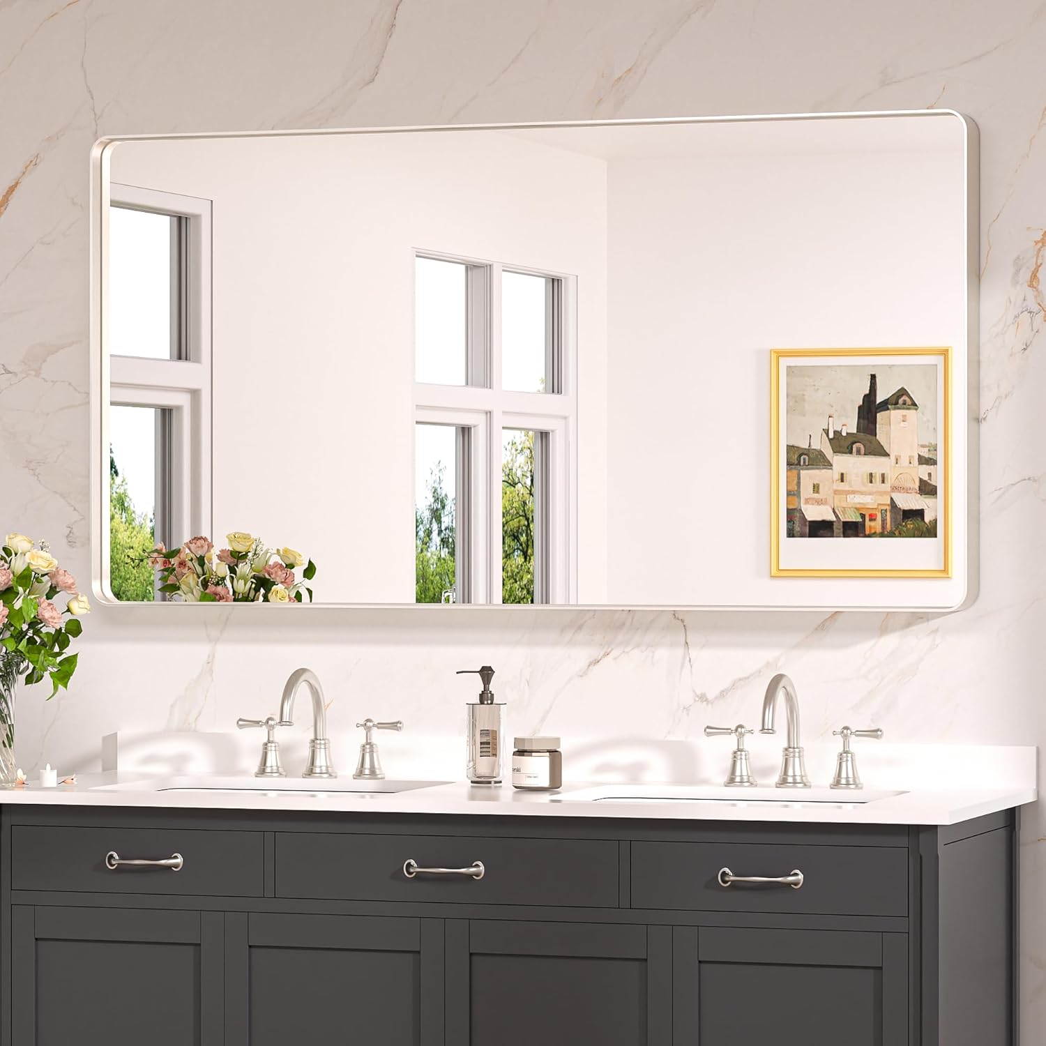 Keonjinn 20 x 30 Inch Brushed Nickel Bathroom Mirrors for Over Sink, Rounded Rectangle Silver Bathroom Vanity Mirror, Farmhouse Mirror for Wall, HD Tempered Glass, Anti-Rust Aluminum Alloy Mirror