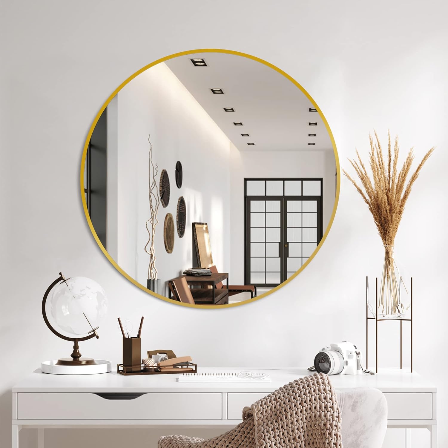 22 Inch Black Round Circle Mirror for Wall,Modern Bathroom Mirrors with Simple Metal Frame, Entryway, Bedroom Vanity, Living Room, Hallway Decor (Matte Black, Wall Mounted)