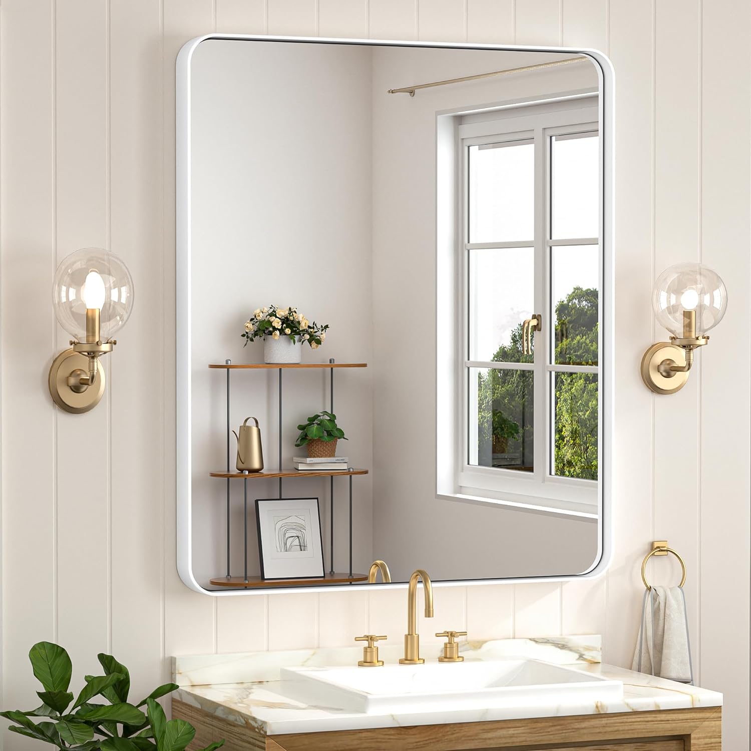 Keonjinn 20 x 30 Inch Brushed Nickel Bathroom Mirrors for Over Sink, Rounded Rectangle Silver Bathroom Vanity Mirror, Farmhouse Mirror for Wall, HD Tempered Glass, Anti-Rust Aluminum Alloy Mirror