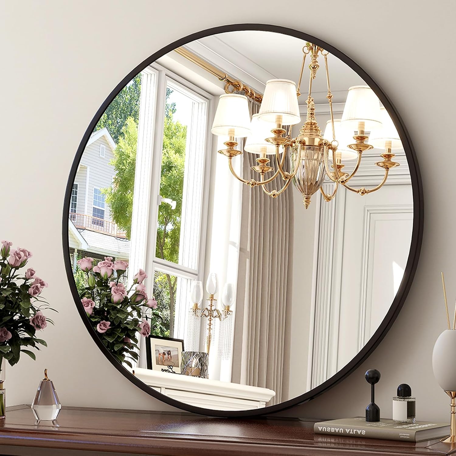 24 Inch Round Mirror - Circle Mirrors for Bathroom, Entryway and Living Room Wall Decor, Modern Hanging Vanity Mirror, Matte Black Circle Decorative Wall Mirror