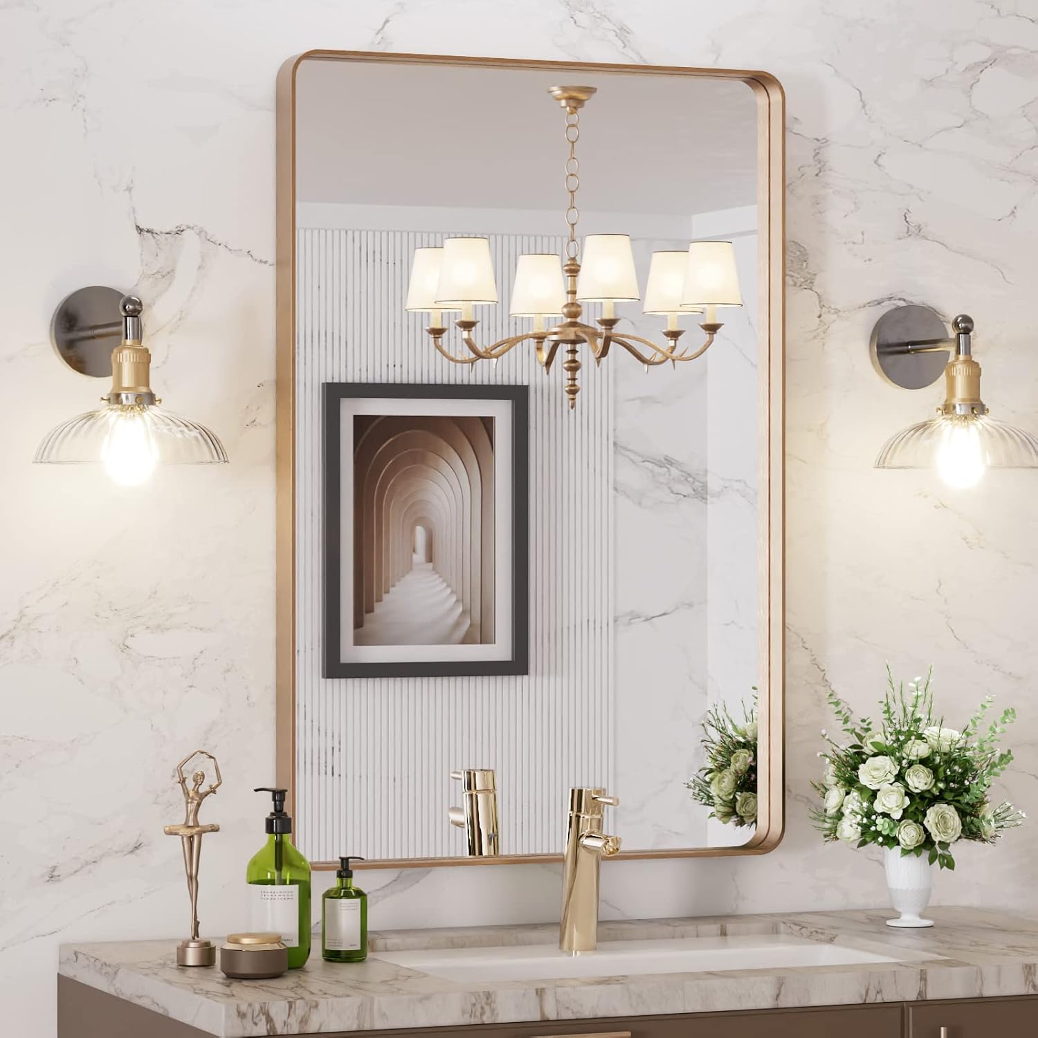 LOAAO 24”X36” Gold Bathroom Mirror, Rounded Rectangle Gold Frame Mirror, Brushed Gold Bathroom Vanity Mirror Wall-Mounted, Anti-Rust, Hangs Horizontally or Vertically